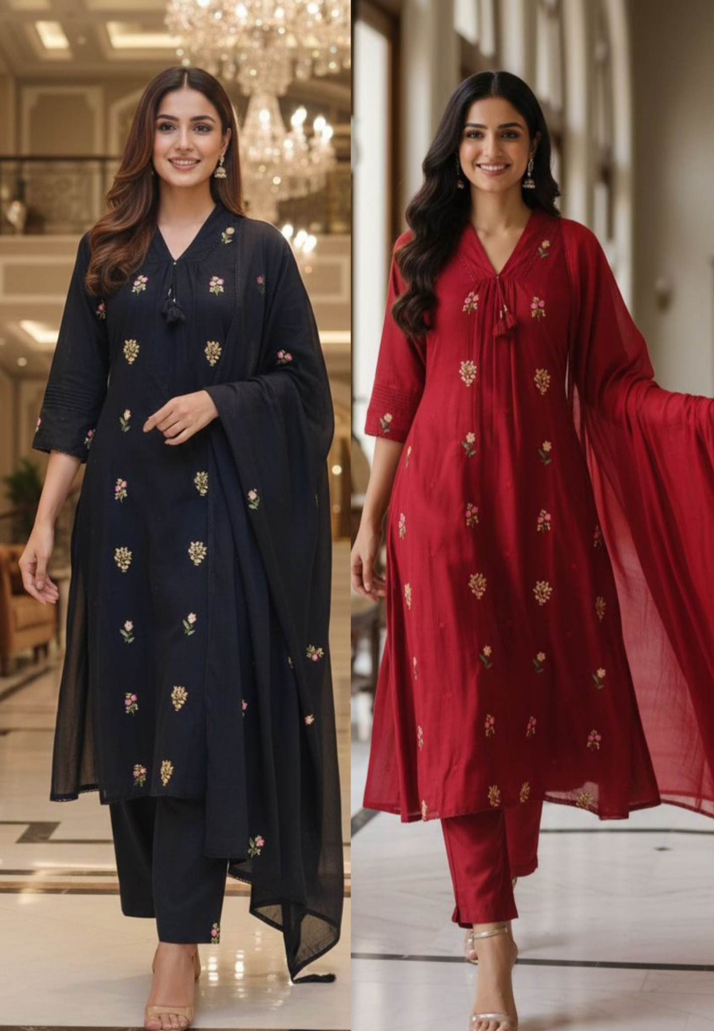 Premium Hand-Embroidered Aline Mull Cotton Kurta Pant Full Set with Tassel Detailing and Dupatta-12614,12615