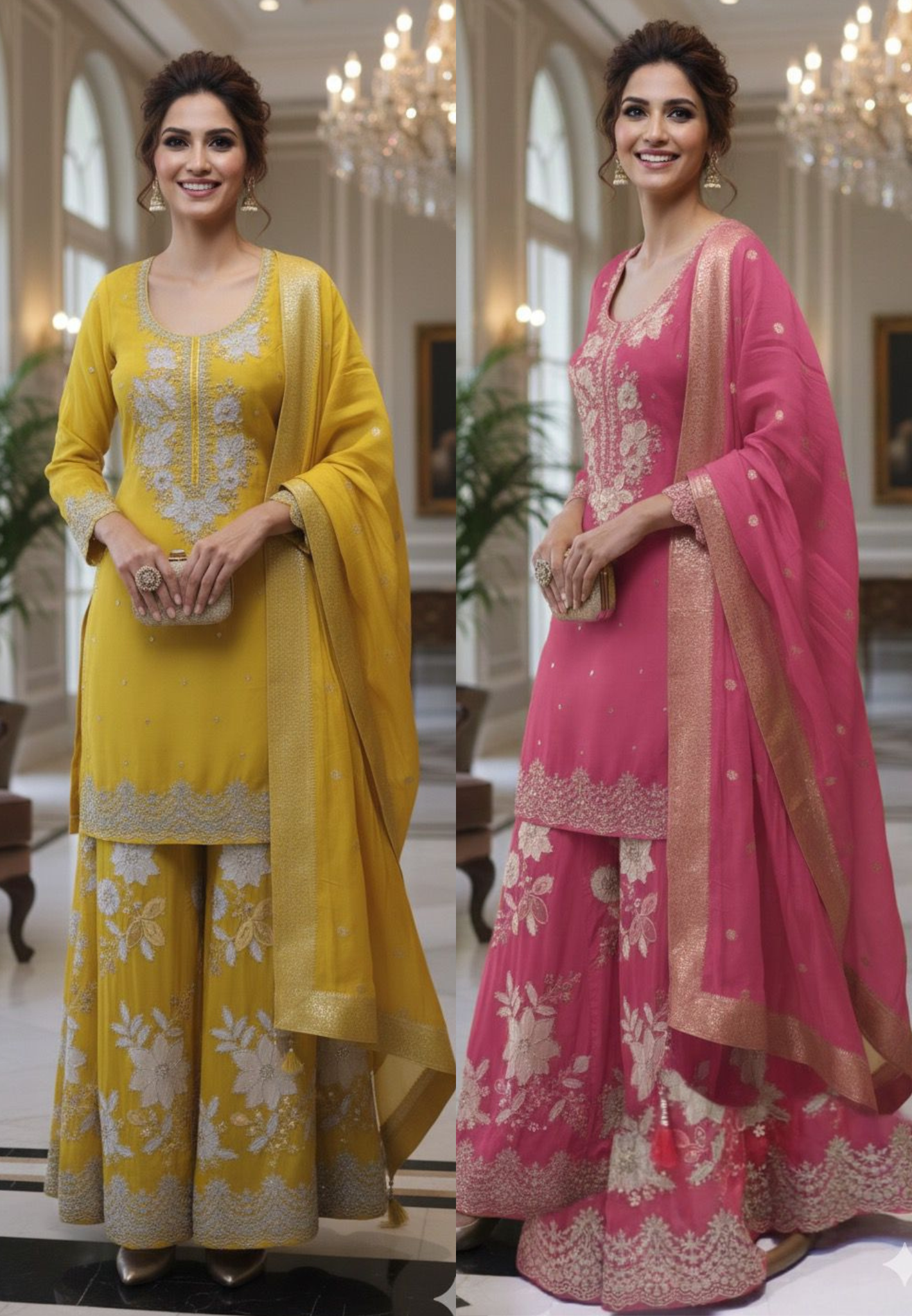 Luxury Embellished Straight Kurta Paired with Heavy Floral Embroidered Palazzo and Matching Dupatta DRYWASH