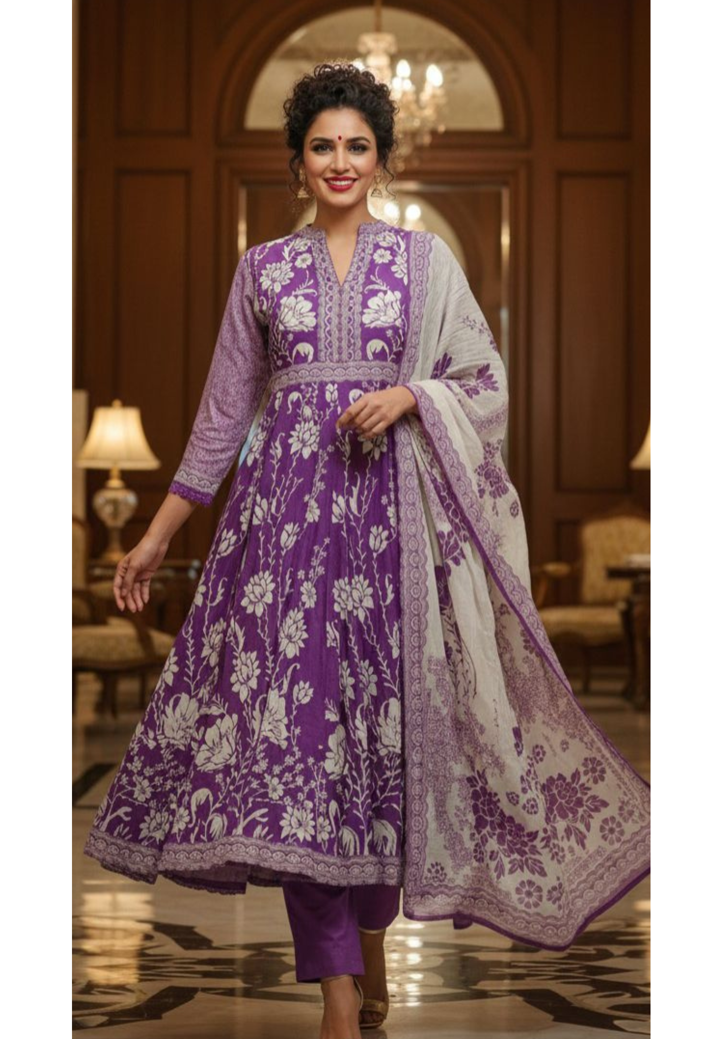 Floral Prints Beautifully Patterned Upper Design Anarkali Full Suit Set With Dupatta In Cotton Fabric- 11024