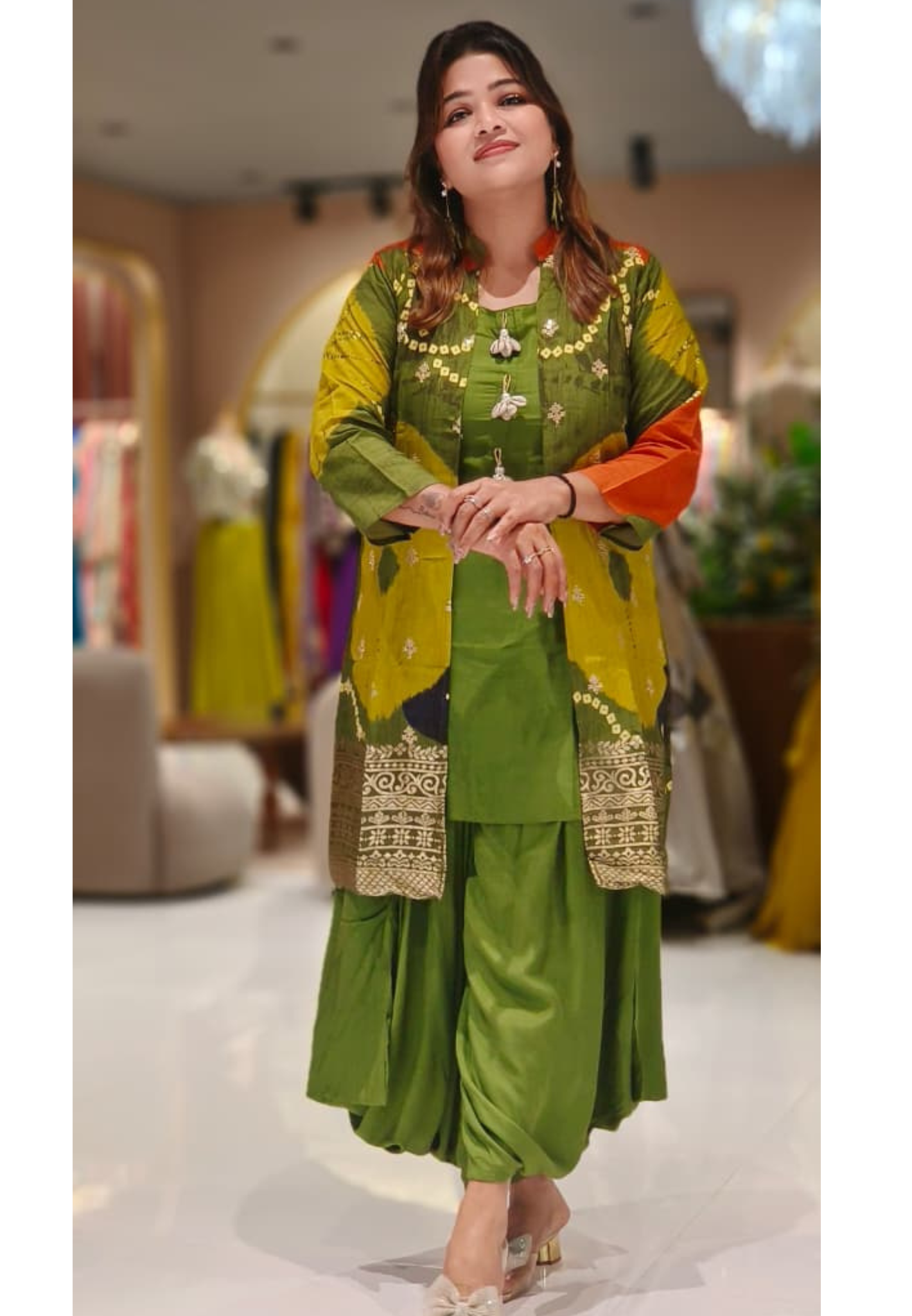 Designer Multi-Tone Silk Jacket Style Kurta Set with Golden Zari Border and Green Harem Bottom