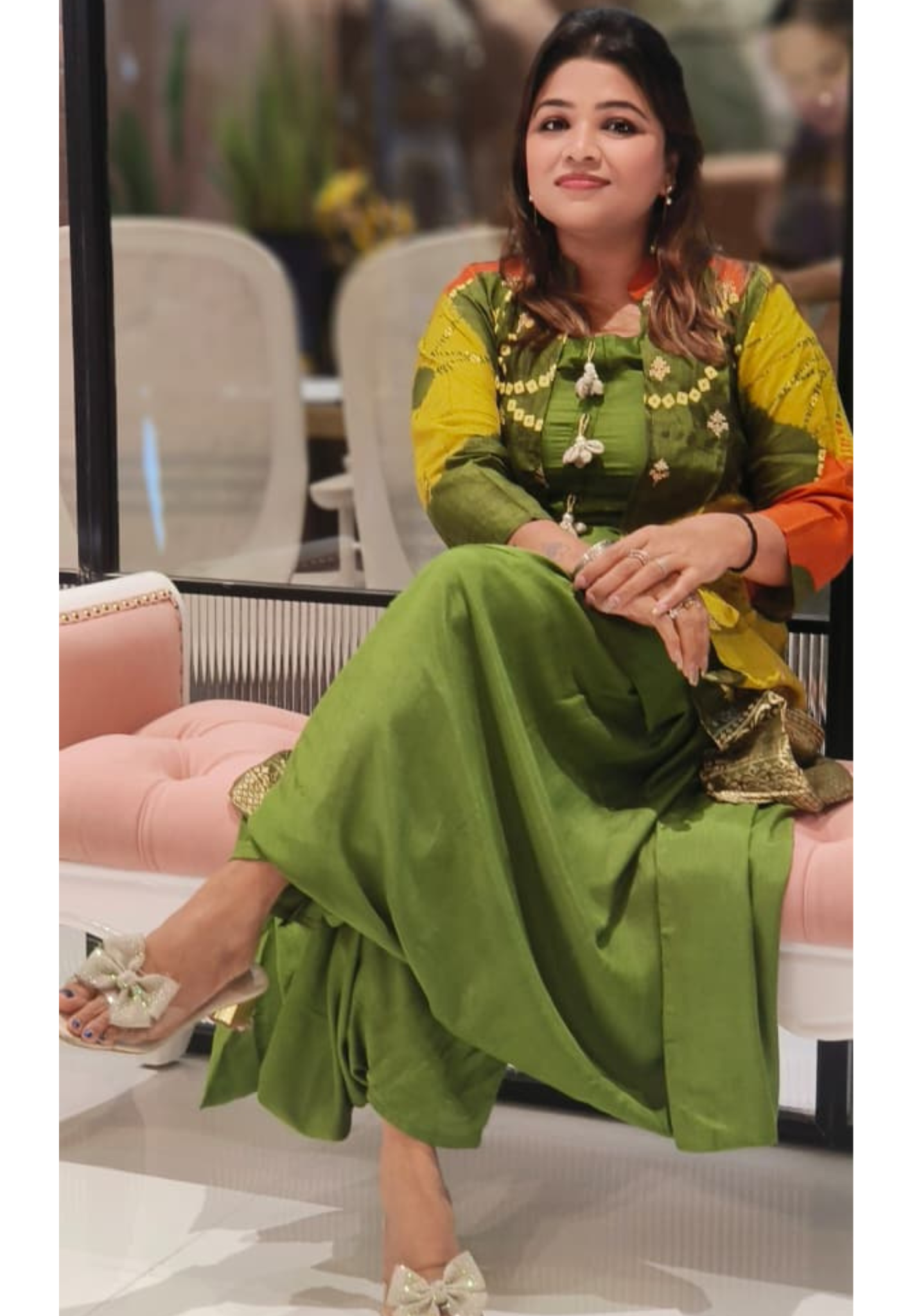 Designer Multi-Tone Silk Jacket Style Kurta Set with Golden Zari Border and Green Harem Bottom