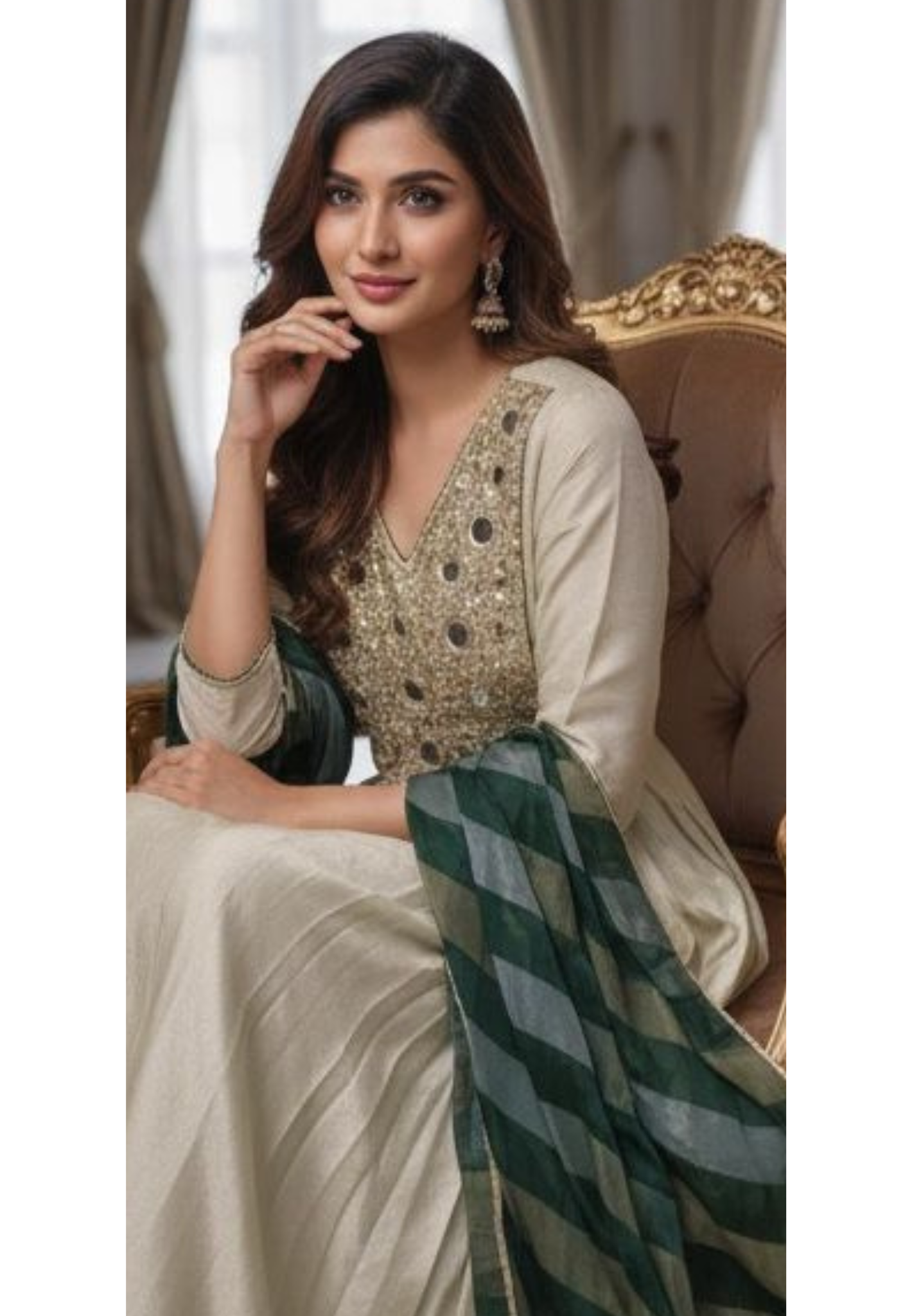 Rajasthani Look Mirror Sequin Front Yoke A-Line Full Suit Set With Striped Dupatta In Tissue Fabric-12619