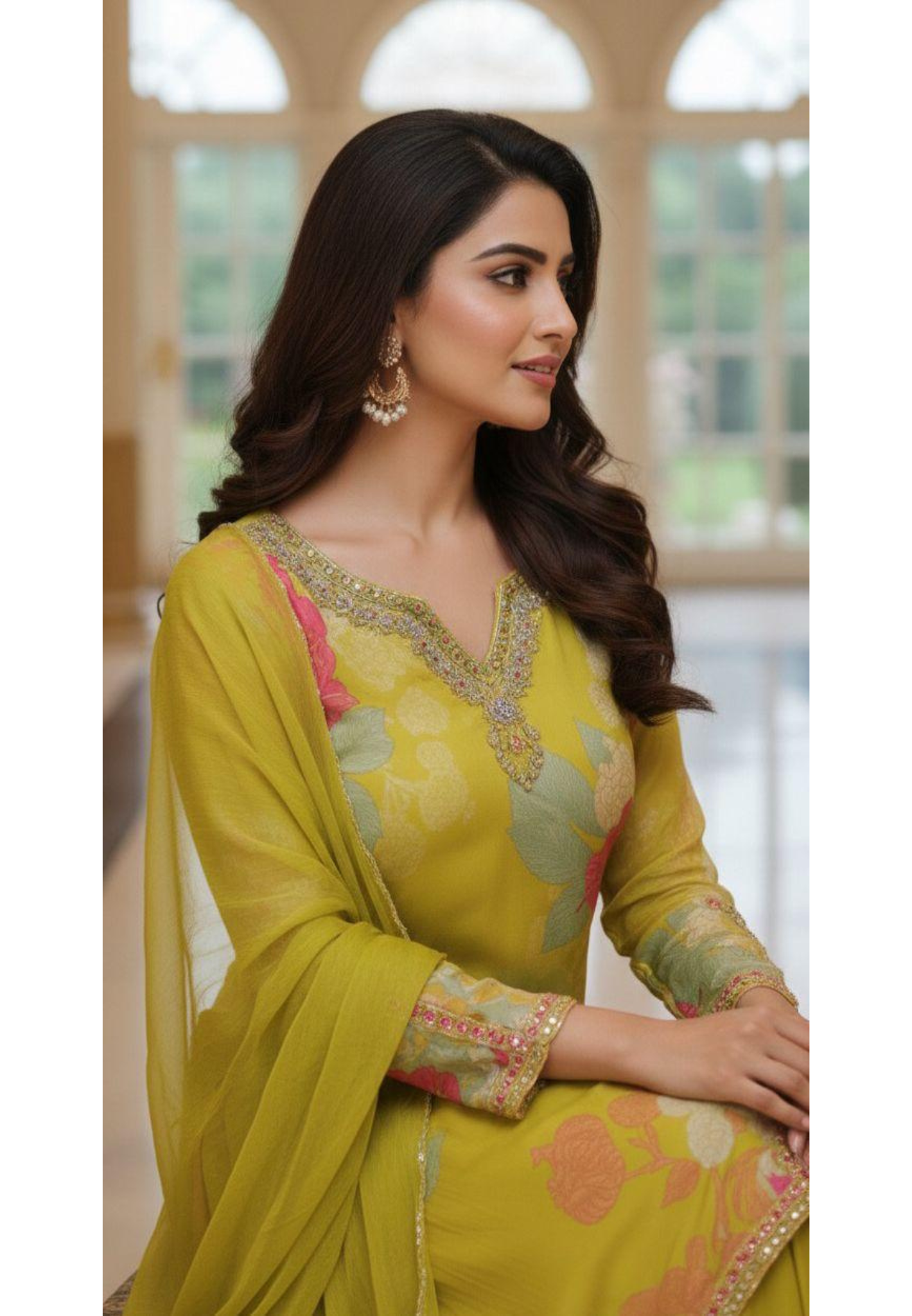 Chinon Fabric Partywear Kurta Loose Palazzo Ensemble with Full Floral Print,Real Mirror Handwork, and Embellished Dupatta-12581