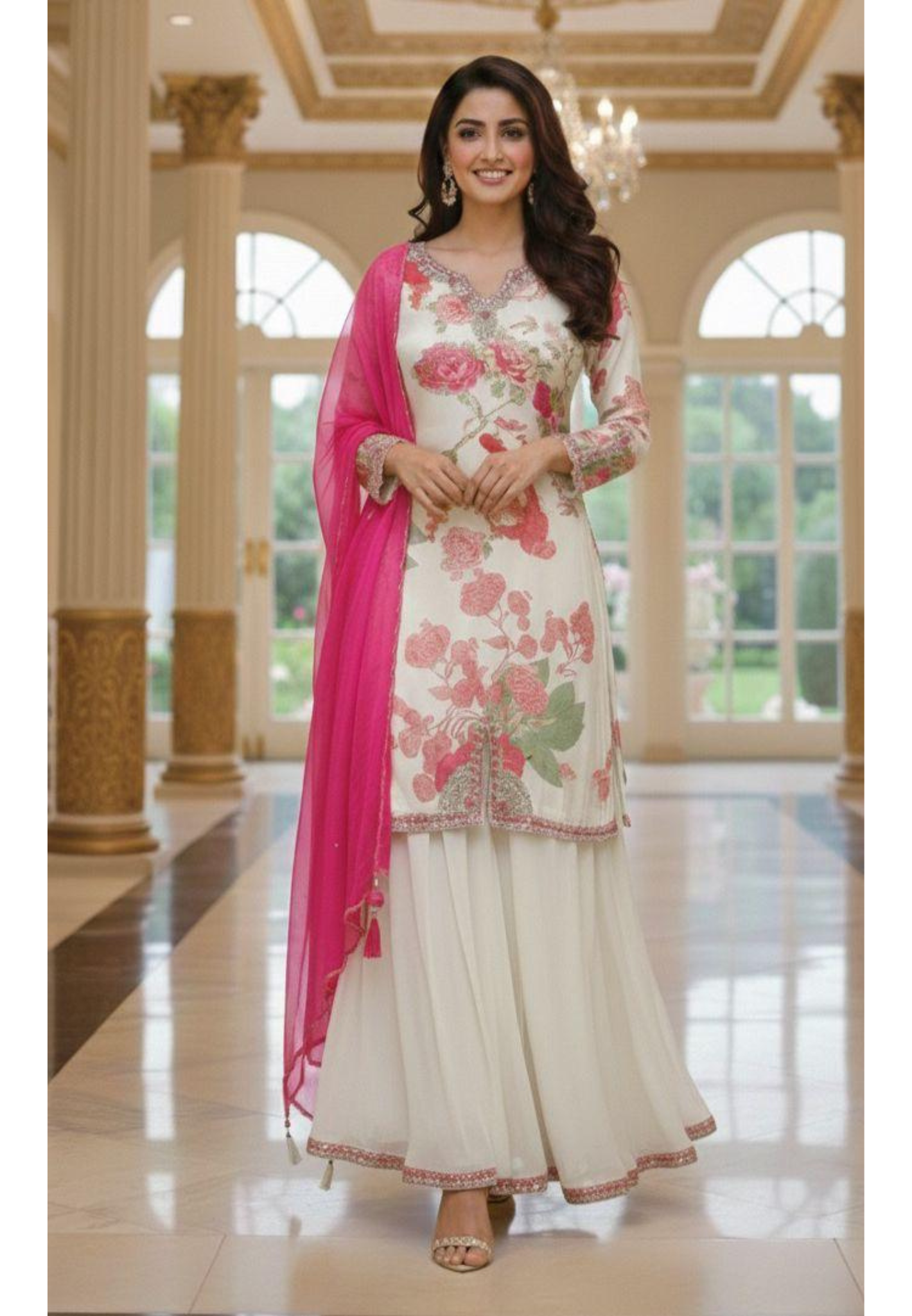 Chinon Fabric Premium Kurta Front Slit Set Featuring Digital Floral Prints, Heavy Neck Embellishments & Flared Palazzo DRYWASH-12586