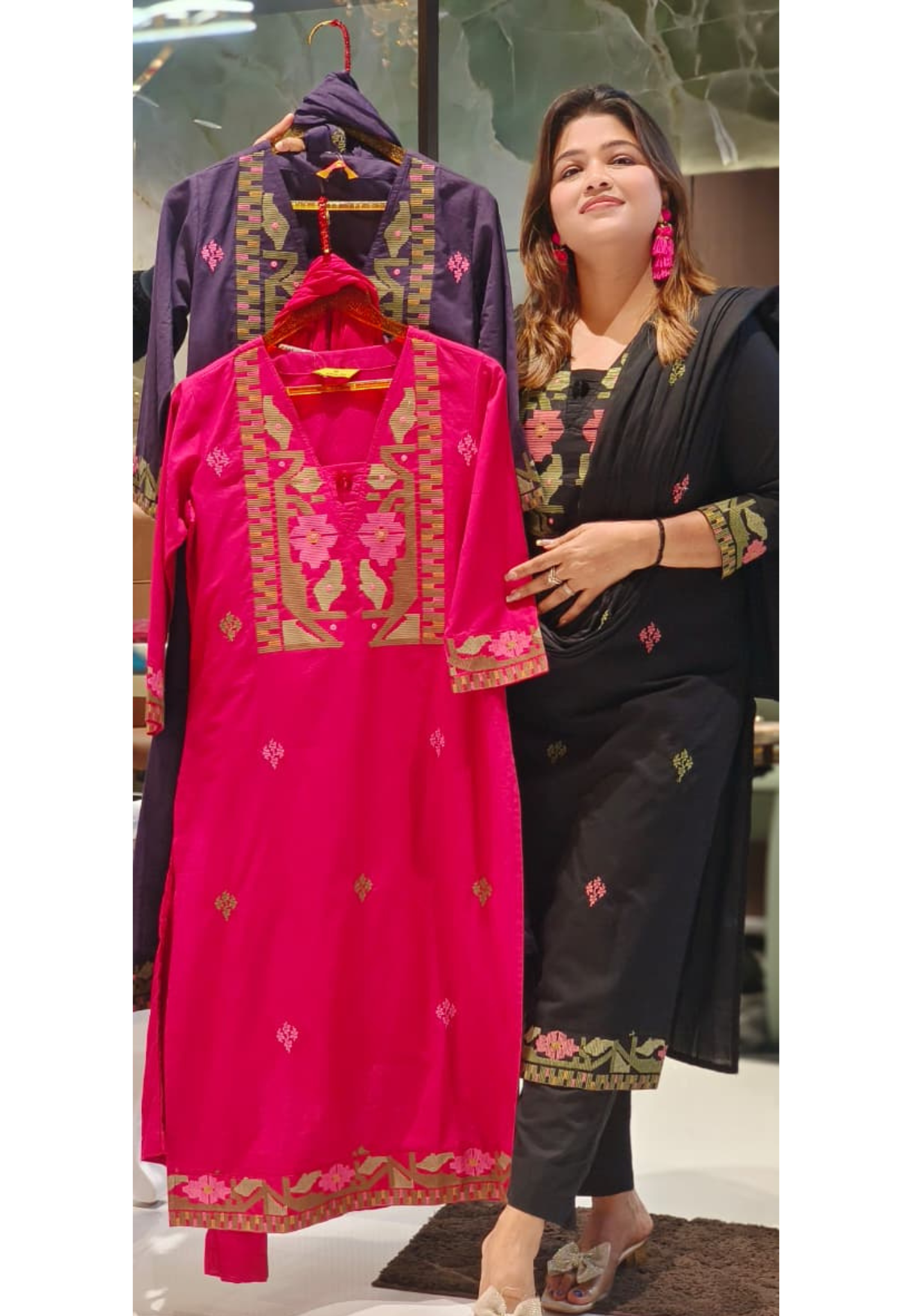Elegant Cotton Kurta with Cross Stitch Embroidery & Border Detailing with Bottom And Dupatta