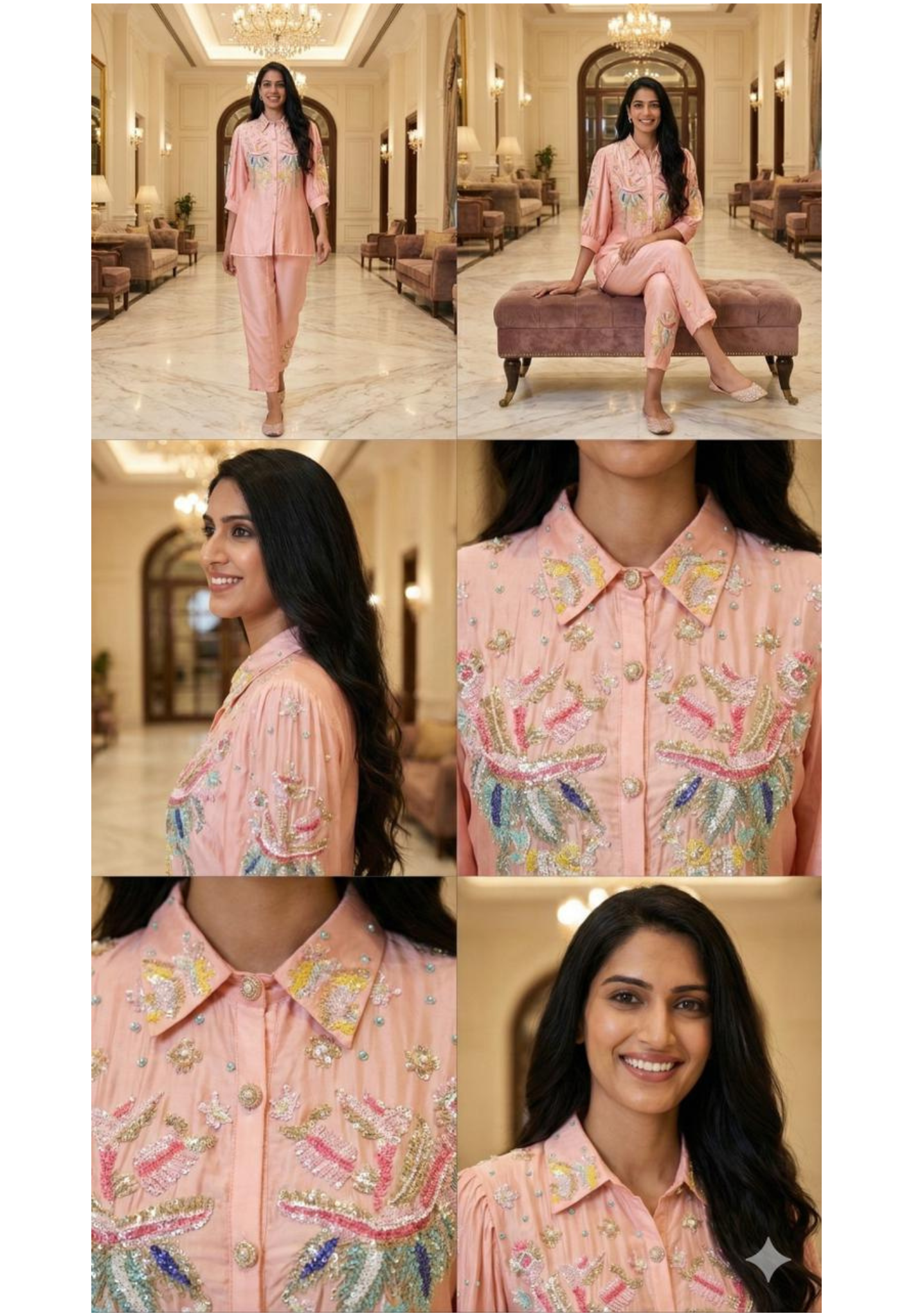 Colorful Sequin Buttoned & Collared Balloon Sleeve Co-Ord Set-12680