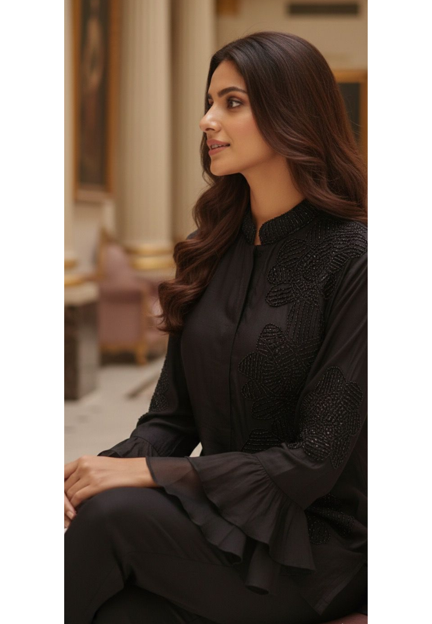 Complete Cut-Dana Floral Embroidery Mandarin Collar Ruffled Sleeve Solid Co-Ord Set- 12396