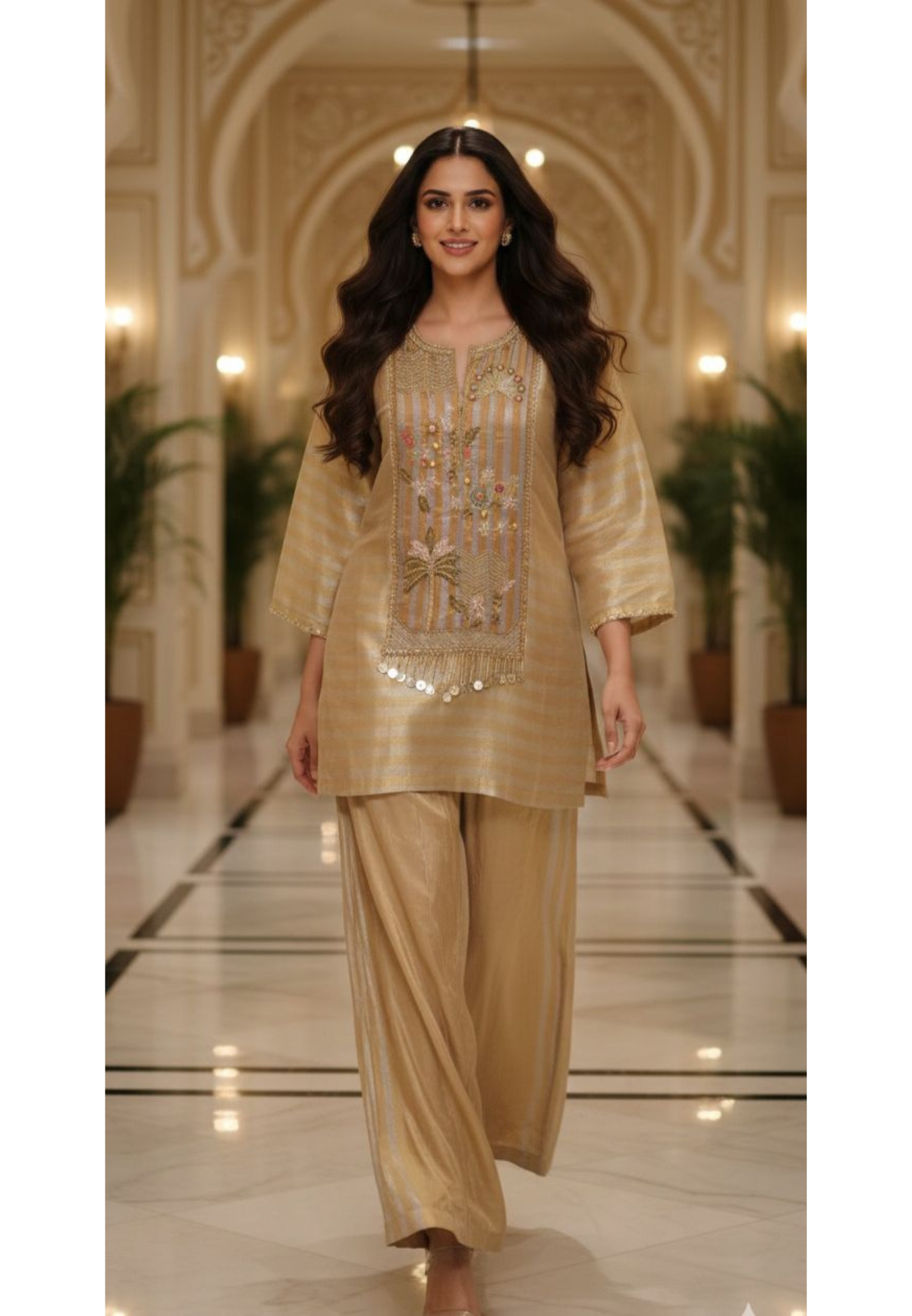 Luxe Premium Tissue Fabric Hand Worked Tasseled Striped Golden Kurta With Loose Bottom- 12384