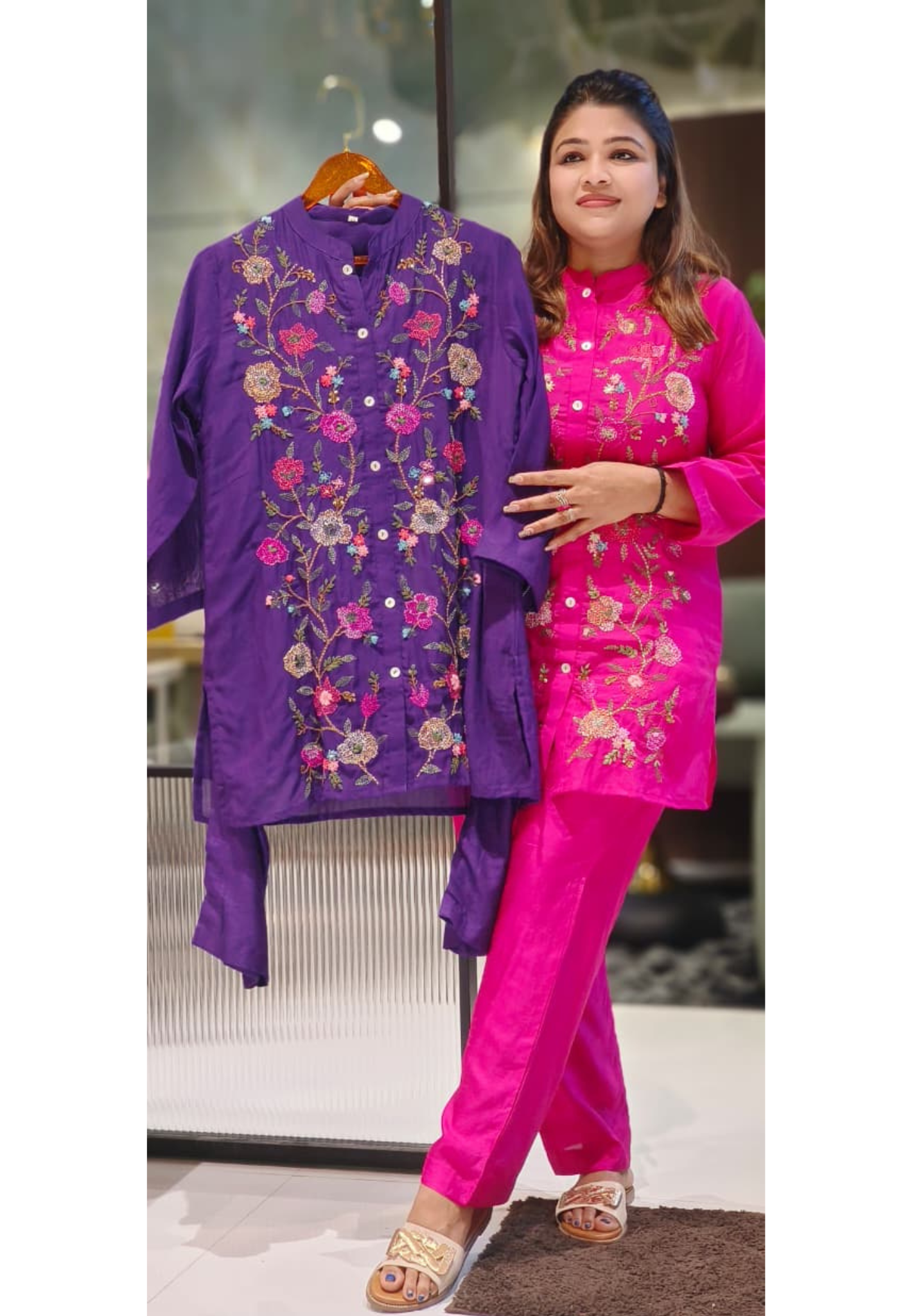 Premium Soft-Mul Chanderi Fabric Kurta Pant Featuring Rich Hand-Style Multithread Floral Embroidery On Full Front Panel-12772,12773