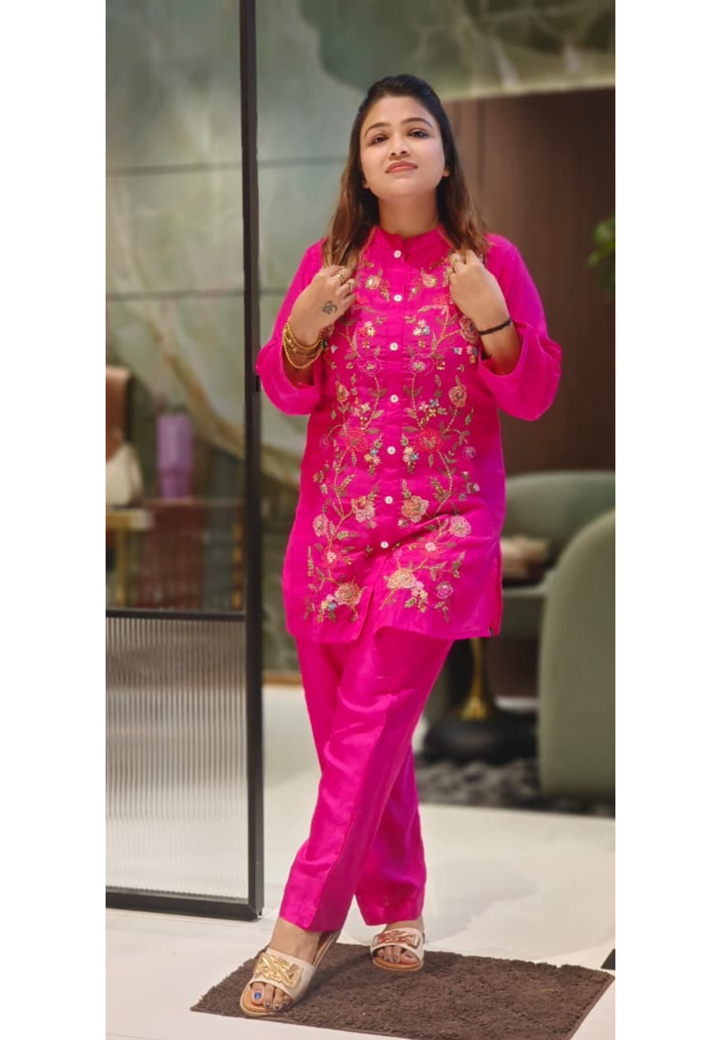 Premium Soft-Mul Chanderi Fabric Kurta Pant Featuring Rich Hand-Style Multithread Floral Embroidery On Full Front Panel-12772,12773