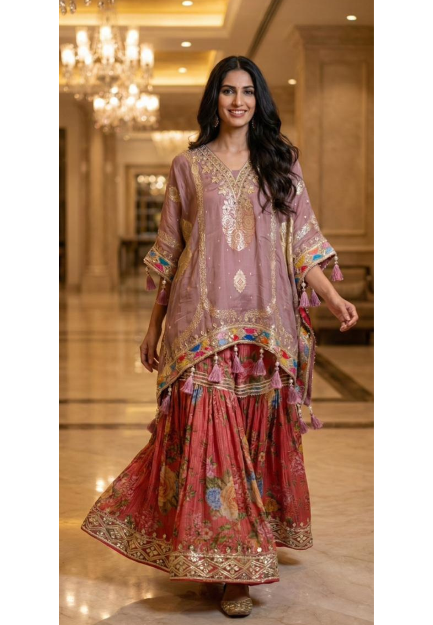 Multicolor Gotta Work Golden Brocade Embellishment Heavily Tasseled Kaftan With Floral Printed Gotta Lace Work Sharara Flared Bottom & Matching Bottom Potli- 12494, 12495