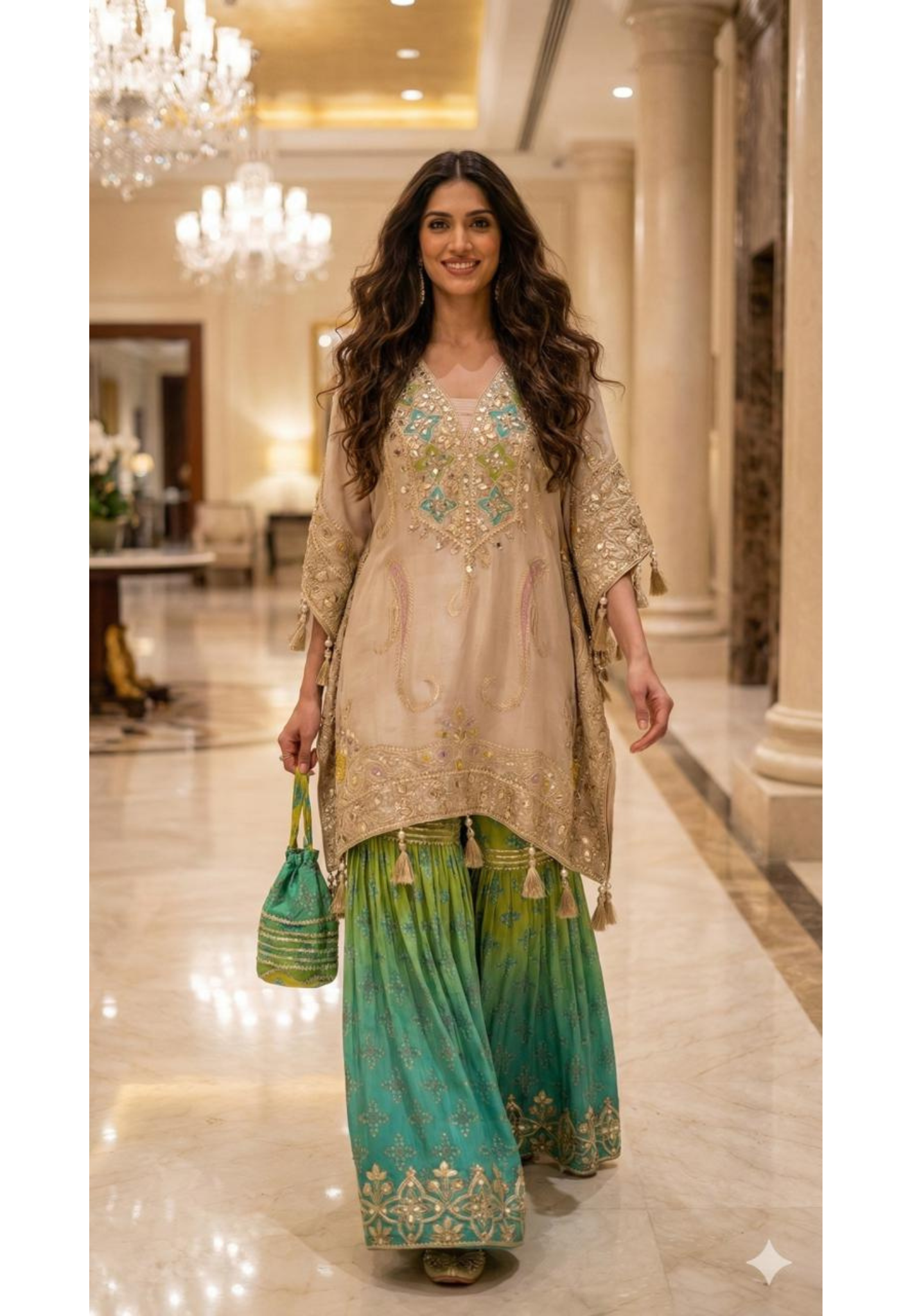 Real Mirror With Gotta Work Golden Finishing Lace With Golden Tassel Kaftan With Gotta & Lace Layered Vibrant Sharara Bottom & Potli- 12492