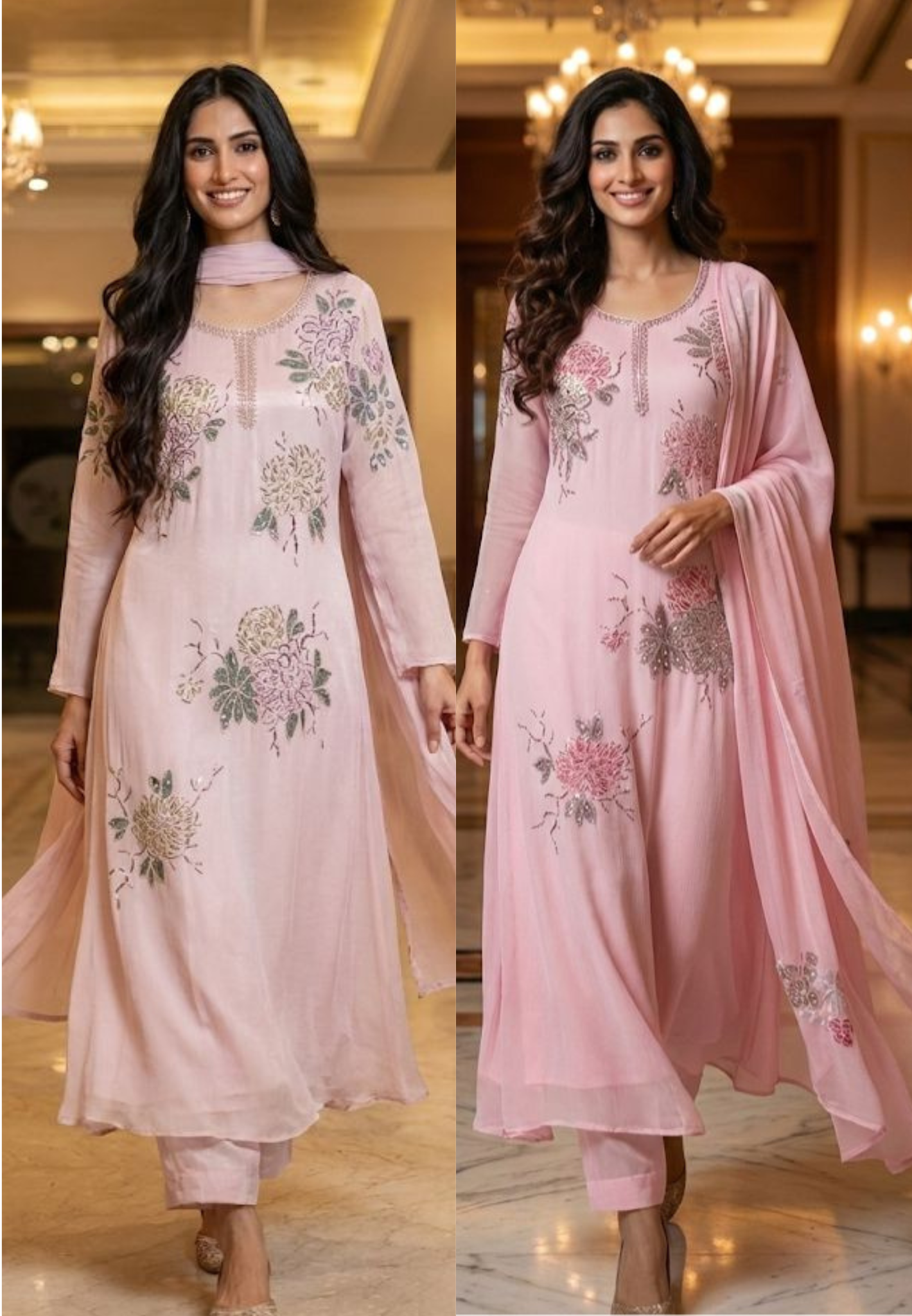 Designer Chinon Anarkali Outfit Adorned with Cut-Dana Embroidery and Coordinated Bottom–Dupatta-12727,12728