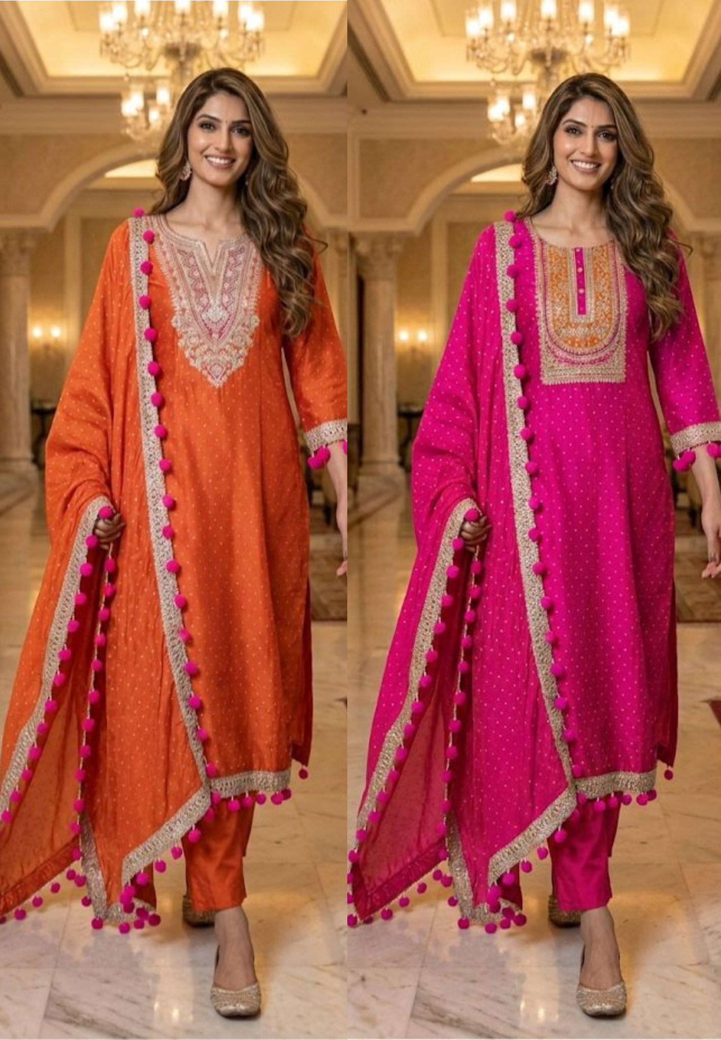 Dola Silk Embroidered Kurta Set with Heavy Zari & Thread Work Yoke, Matching Pants, and Pom-Pom Detailed Dupatta-12706,12705