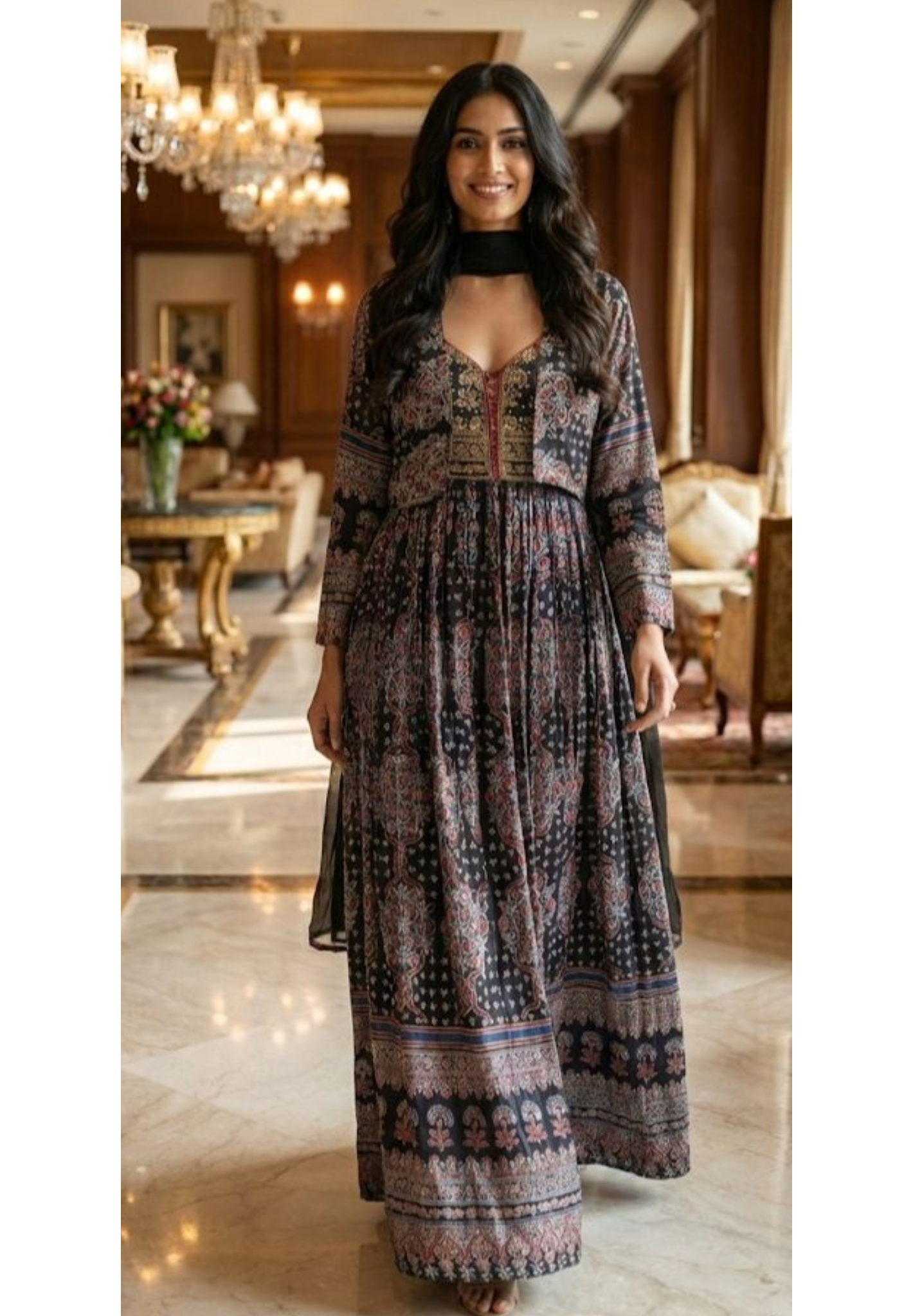 Beautiful Neckline Ajrak Print Tiny Foil Upwork Flared Sleeveless Gown With Detachable Jacket & Scarf- 12760