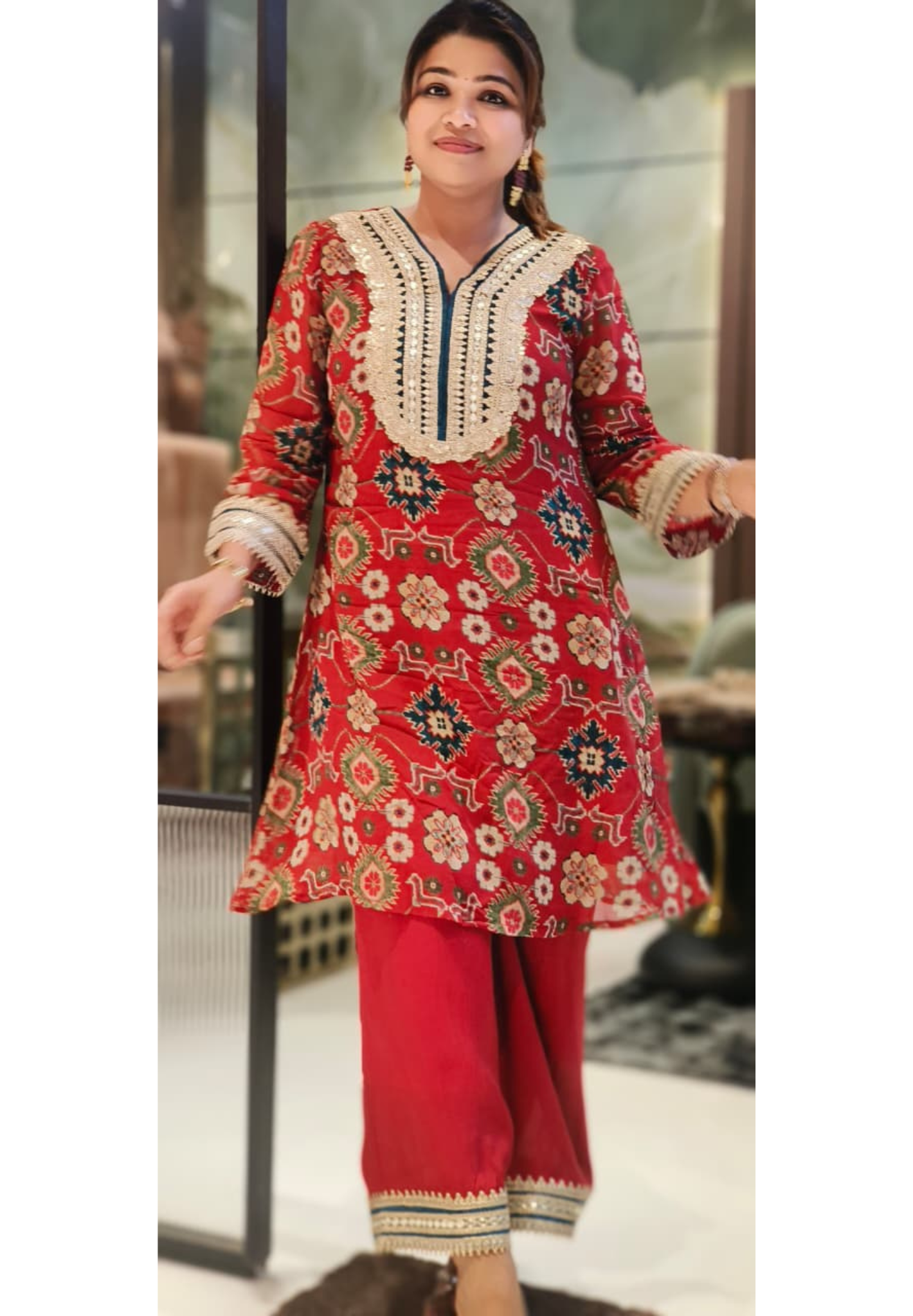 Maroon Printed Georgette Kurta Set with Heavy Sequins & Cut-Dana Embroidered V-Neck and Contrast Border Detailing-12806