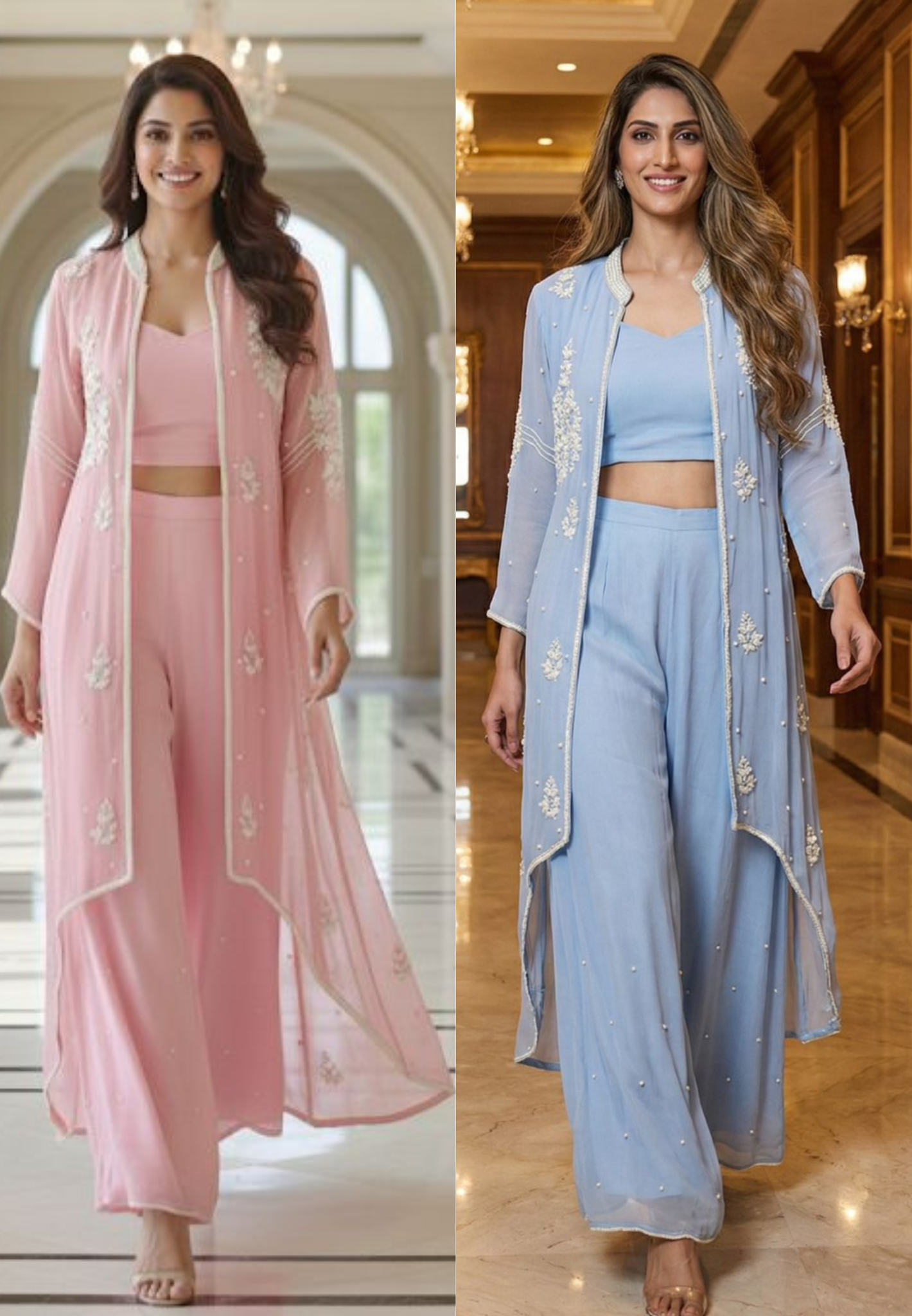 Designer Chinon Three-Piece Indo-Western Ensemble Featuring Floral Embroidered Jacket, Stylish Bustier & Palazzo Pants-12720,12721