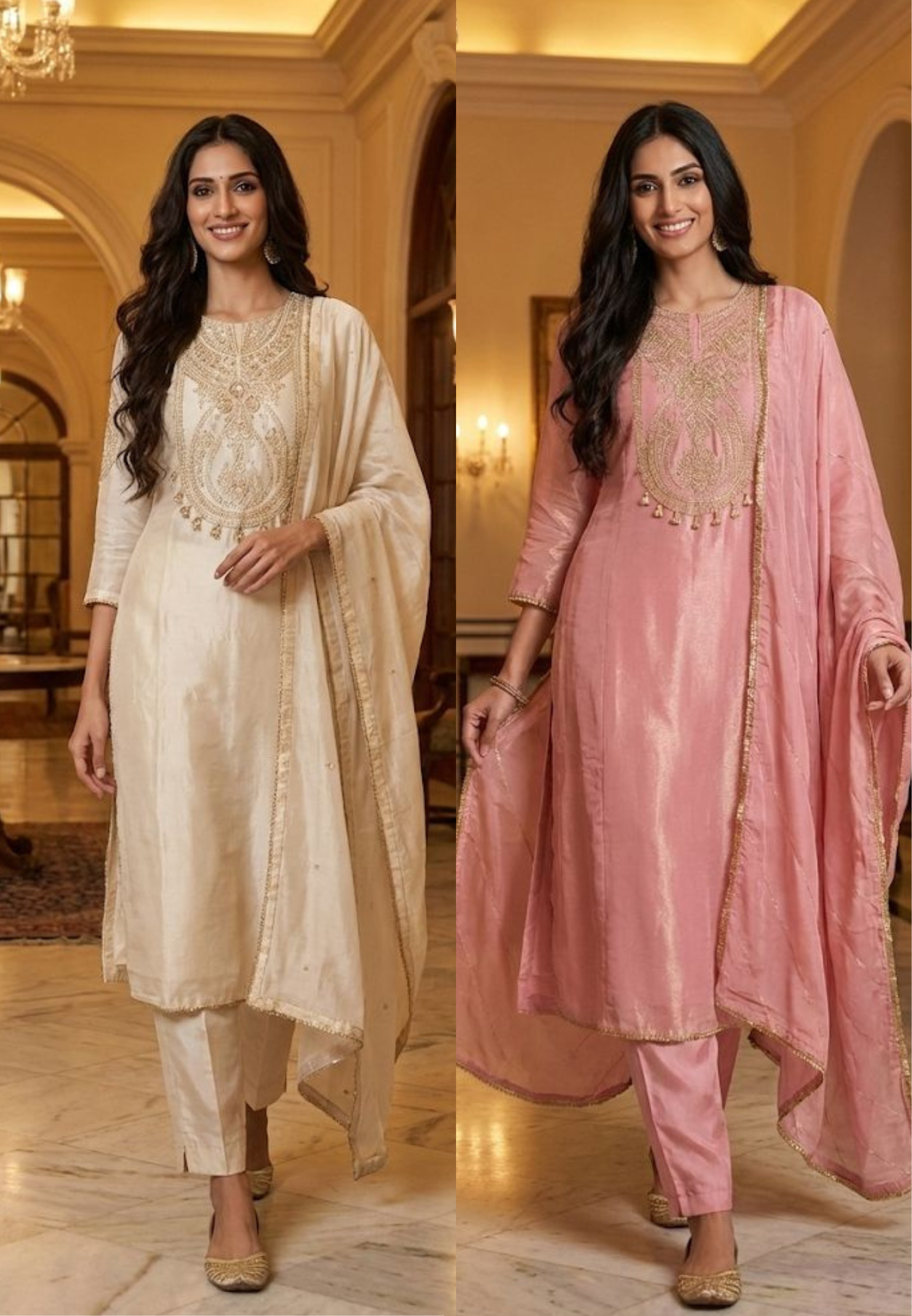 Golden Zardosi Front Work With Tassel Panel A-Line Full Suit Set Wih Dupatta In Tissue Fabric- 12547,12821