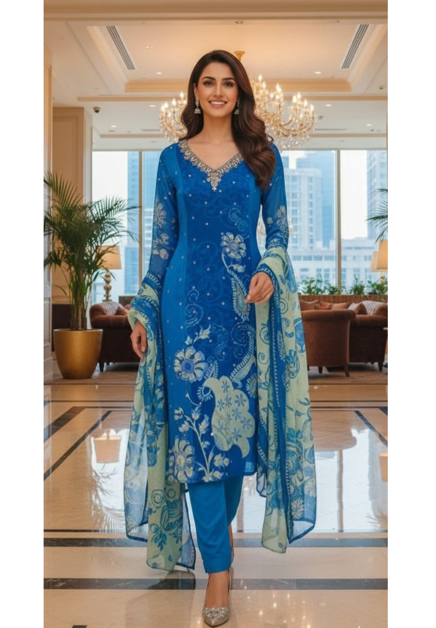 Royal Blue Floral & Paisley Printed Suit Set with Hand-Embellished Neckline and Contrast Printed Dupatta-12642