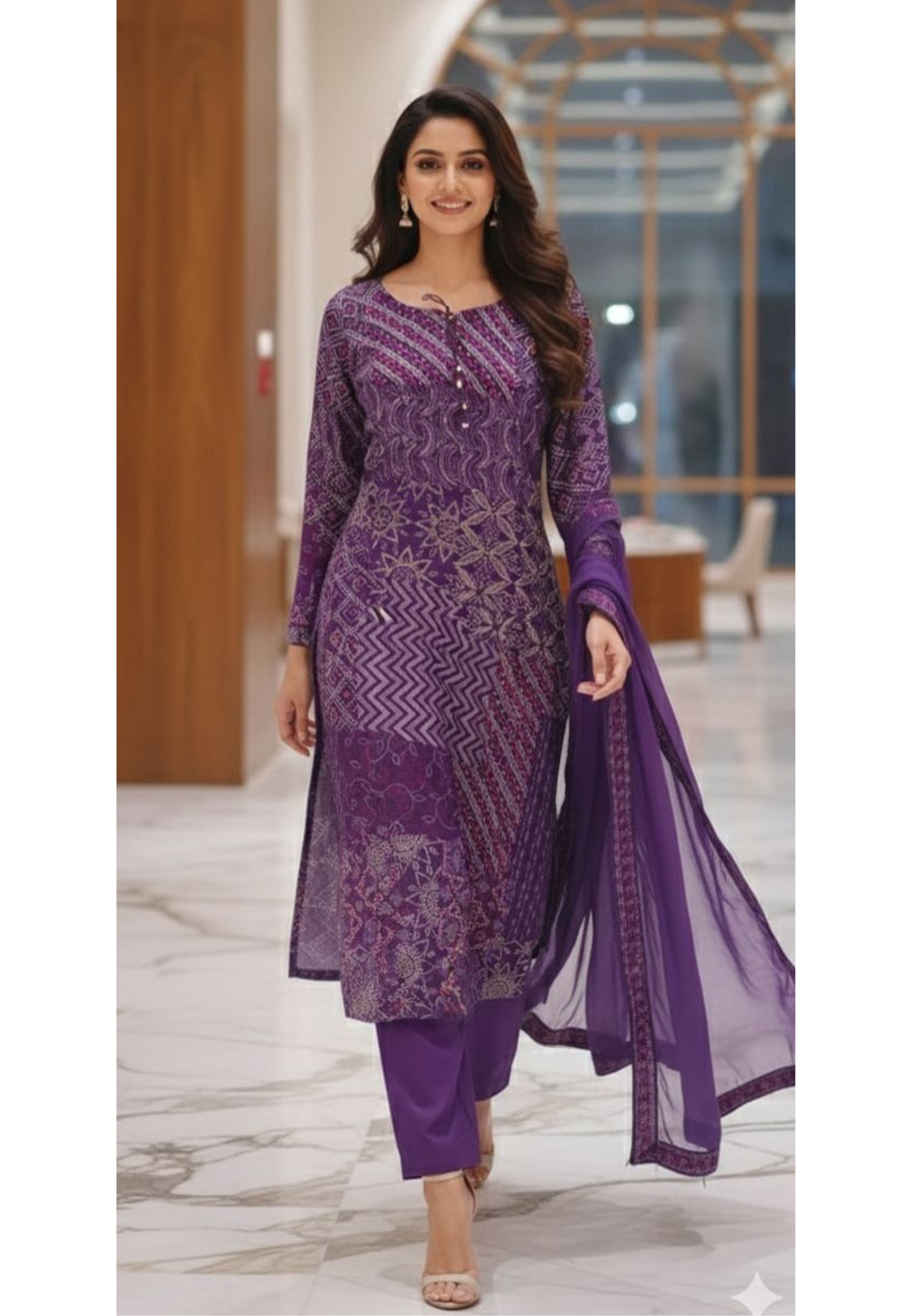 Classic Purple Ethnic Bandhej Printed Suit Set Featuring Mirror Accents & Soft Dupatta With Bottom-12635