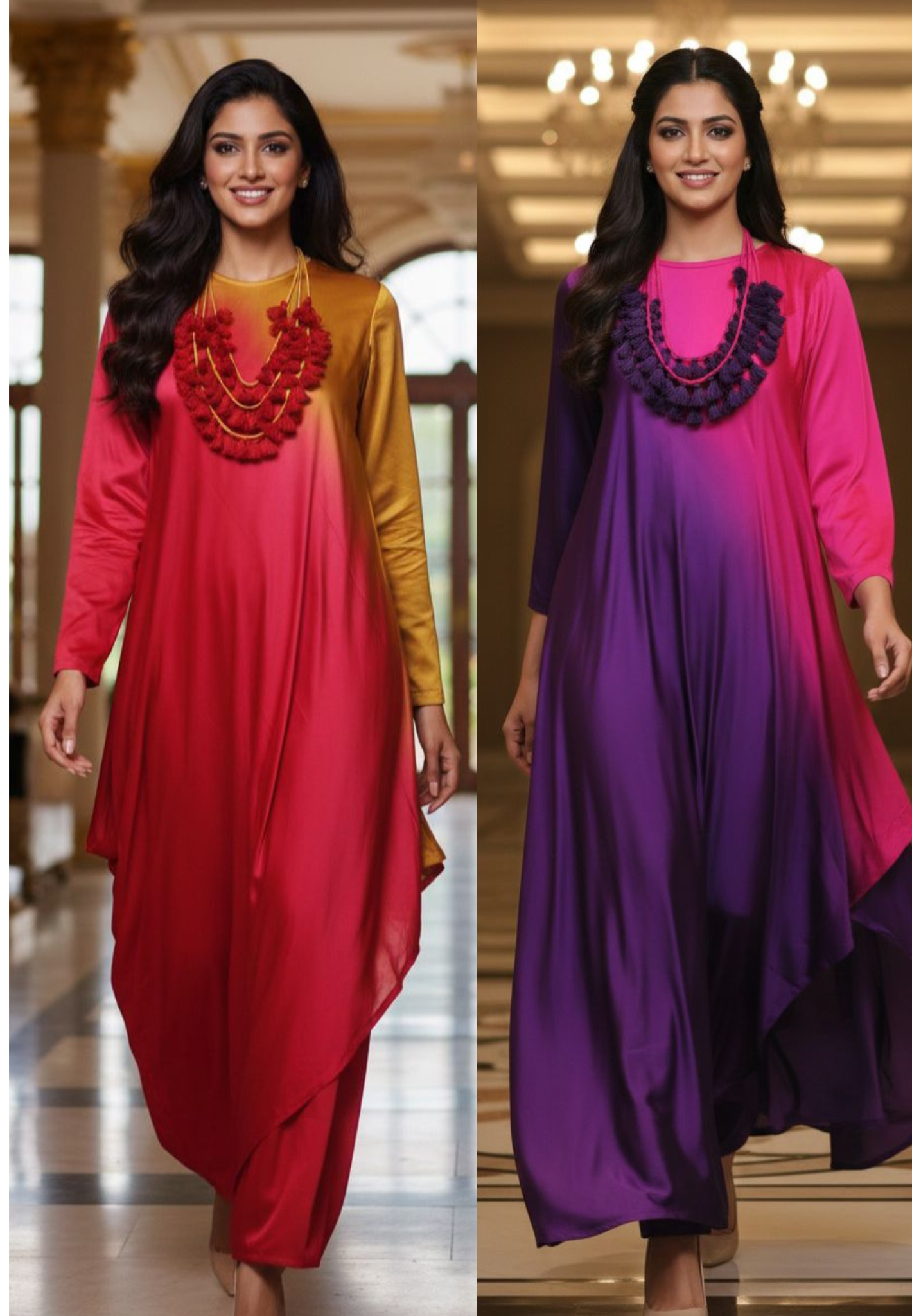 Modal Satin Very Stylish Drape Look Dual-Tone Festive Fusion Indo-Western Wear With Separate Neck Piece- 12842, 12841