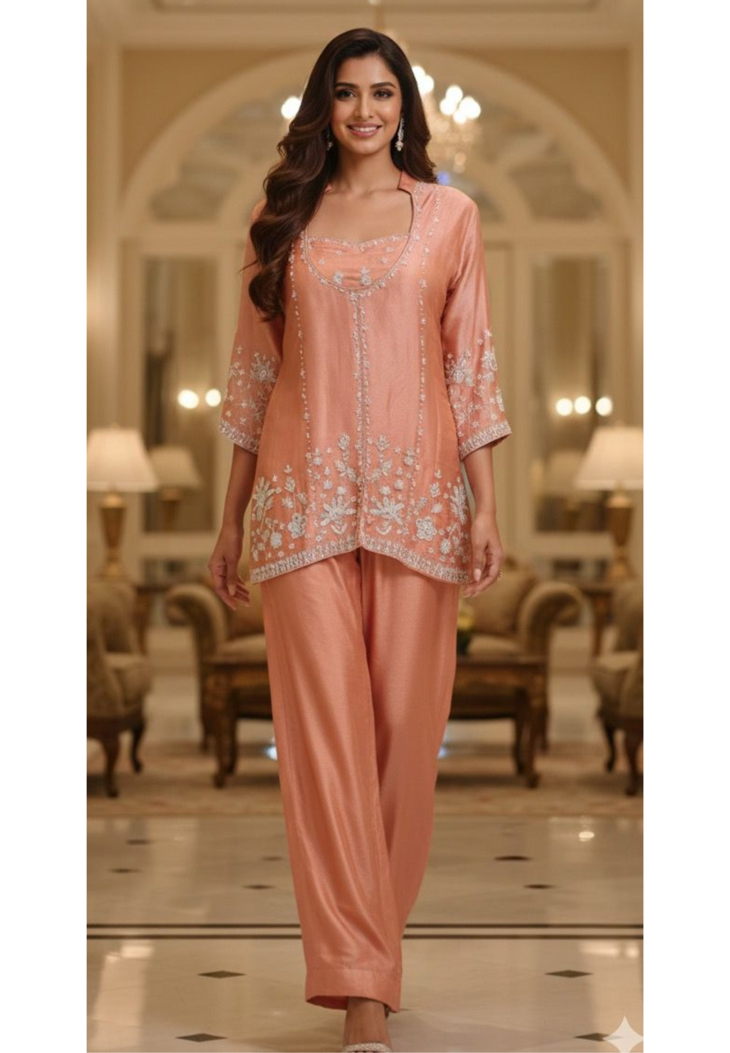 Elegant Tissue Pearl With Sequin Work Indo Western Buster With Loose Bottom & Rounded Neck Kurta- 12729
