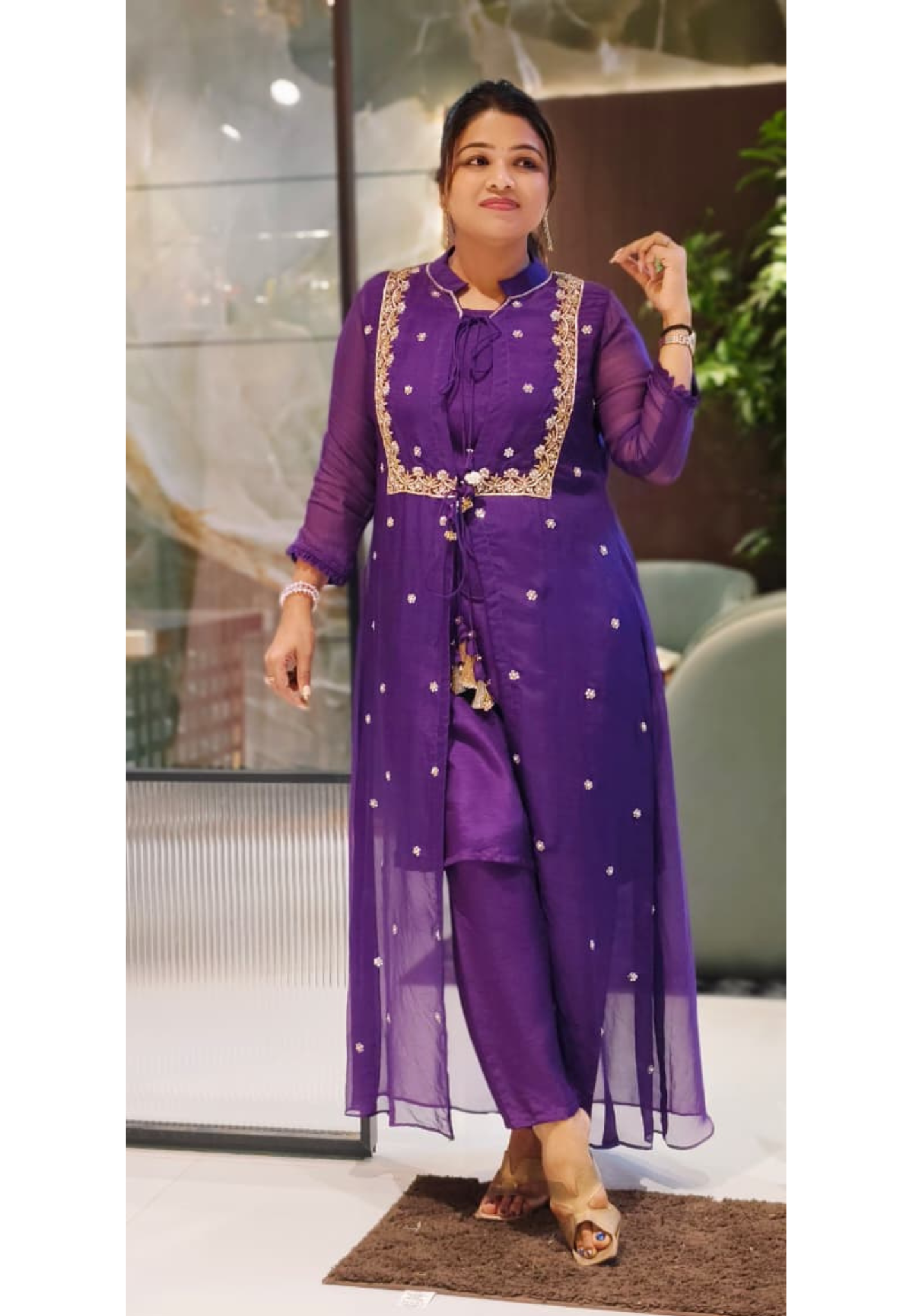 Co-Ordinated Neck Line Pearl Tassel Fronted Slitted Long Organza Outer With Kurta Pant Set In Silk Fabric- 12776, 12775, 12774
