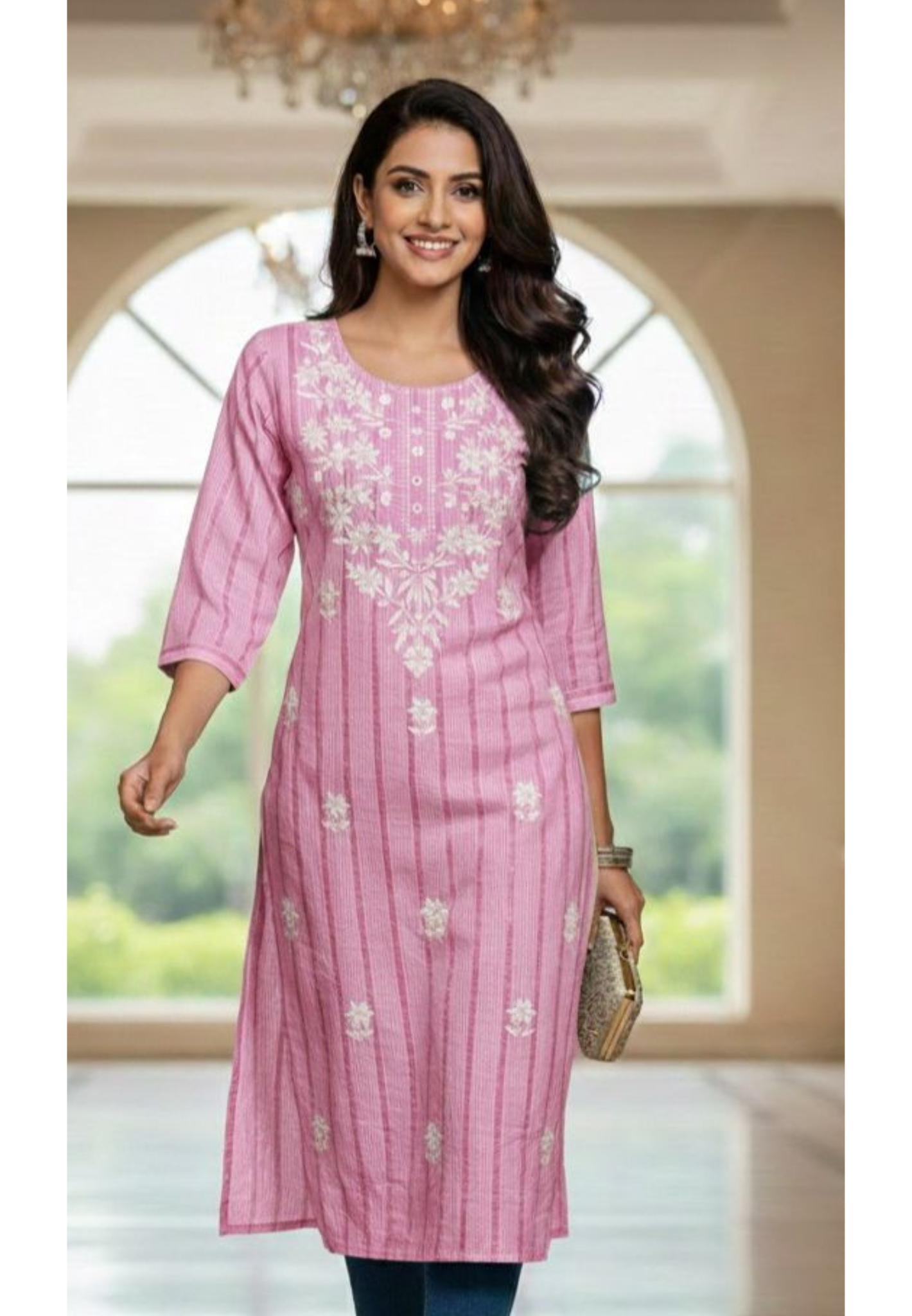 Daily Wear Comfort Fit Elegant Striped Cotton Kurti with Intricate Thread Embroidery