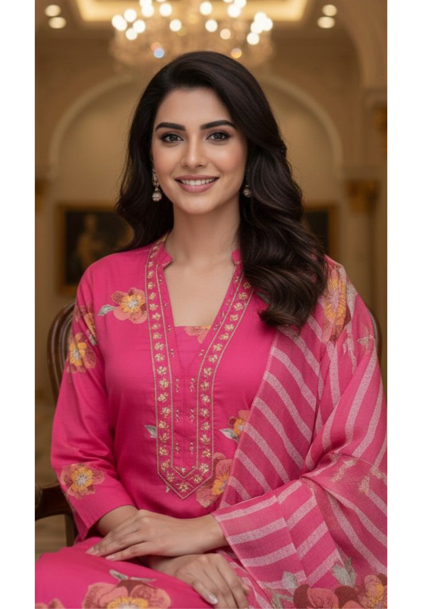 Elegant Pink Floral Printed Kurta with Matching Pant & Striped Floral Dupatta