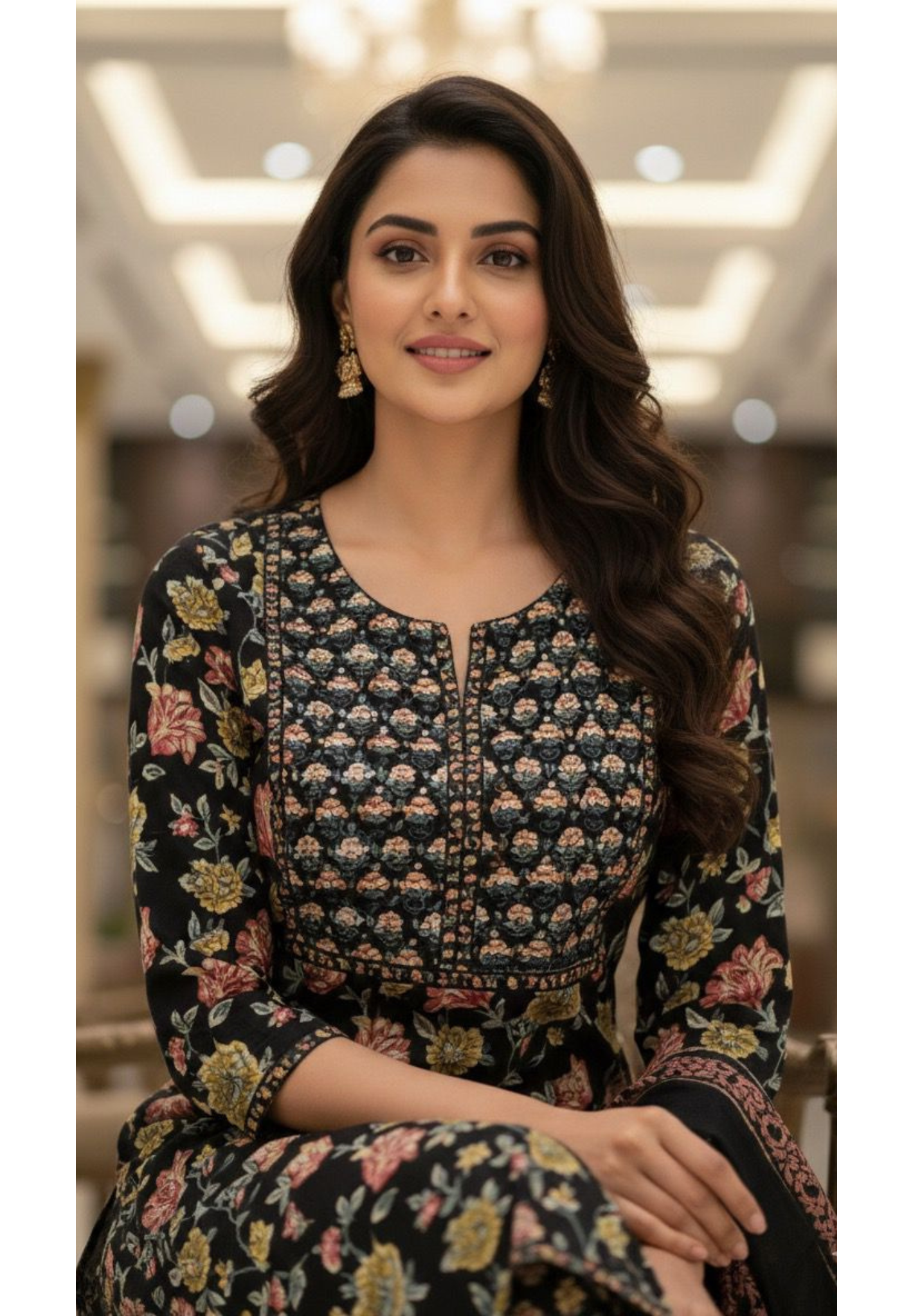 Classic Black Cotton Suit Set with All-Over Floral Prints, Straight Kurta & Beautiful Ethnic Dupatta