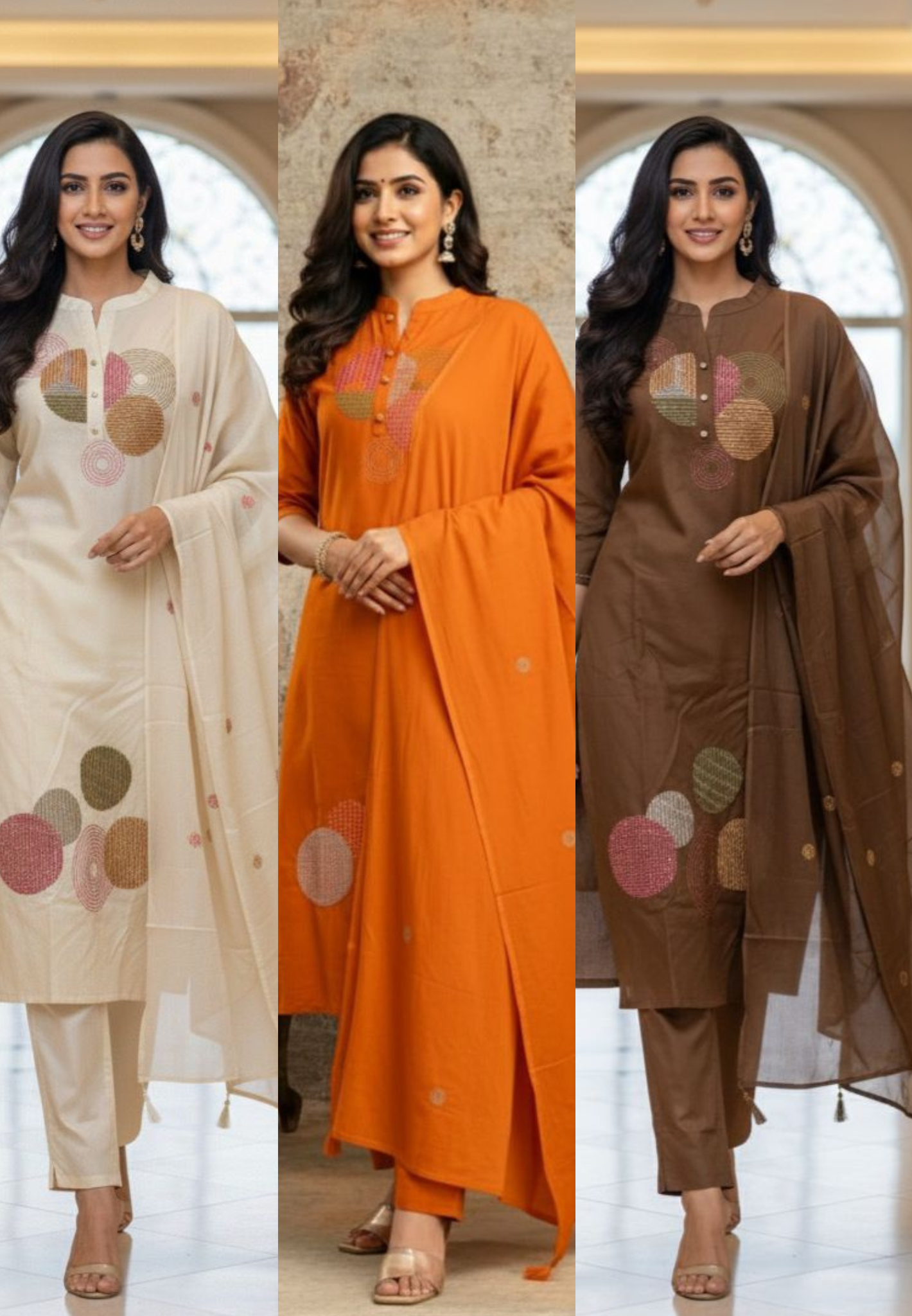 Elegant Cotton Suit Set with Multi-Coloured Circle Embroidery & Matching Dupatta and Bottom