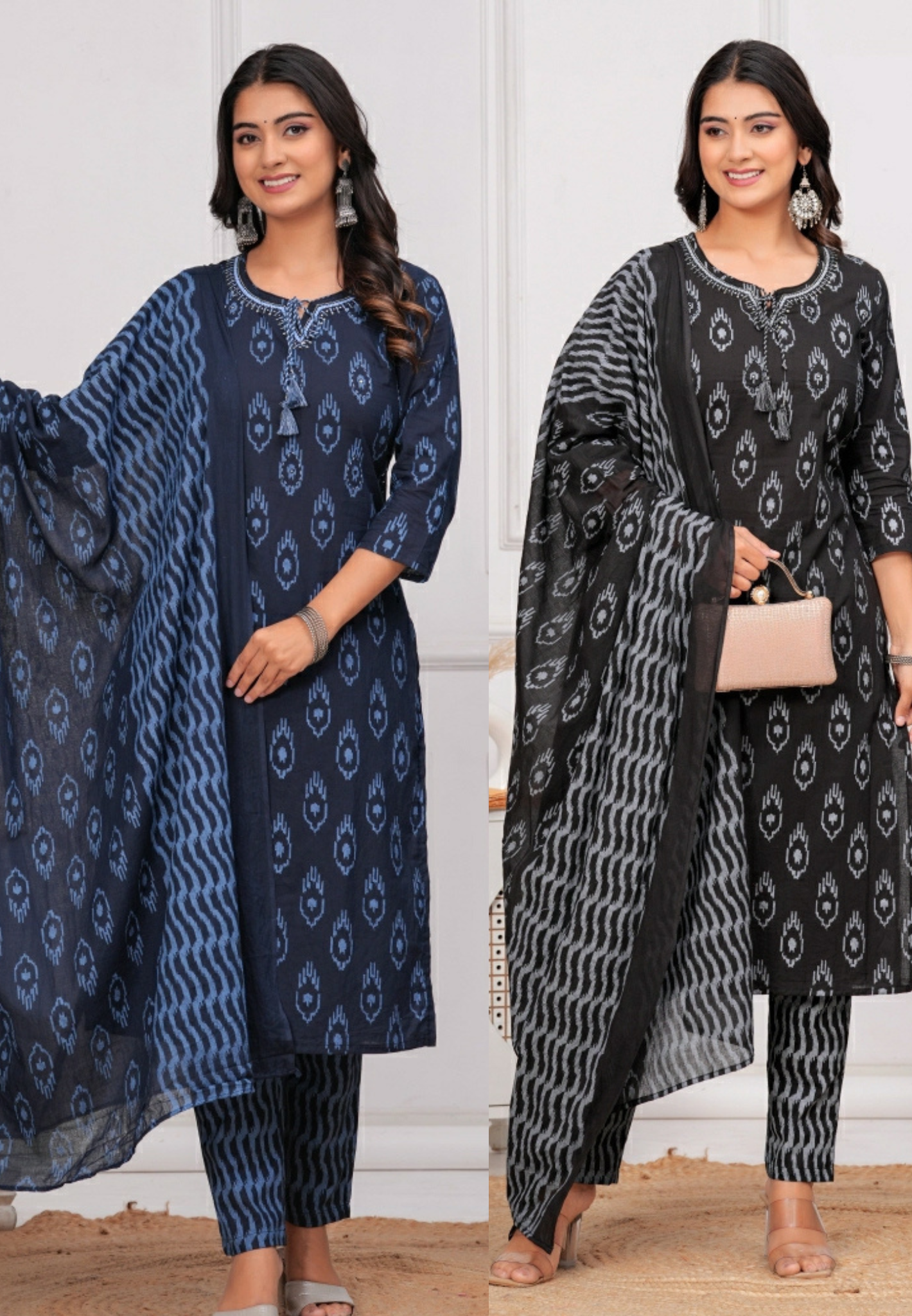 Breathable Cotton Ikat Print Straight Kurta Set with Matching Bottoms & Dupatta