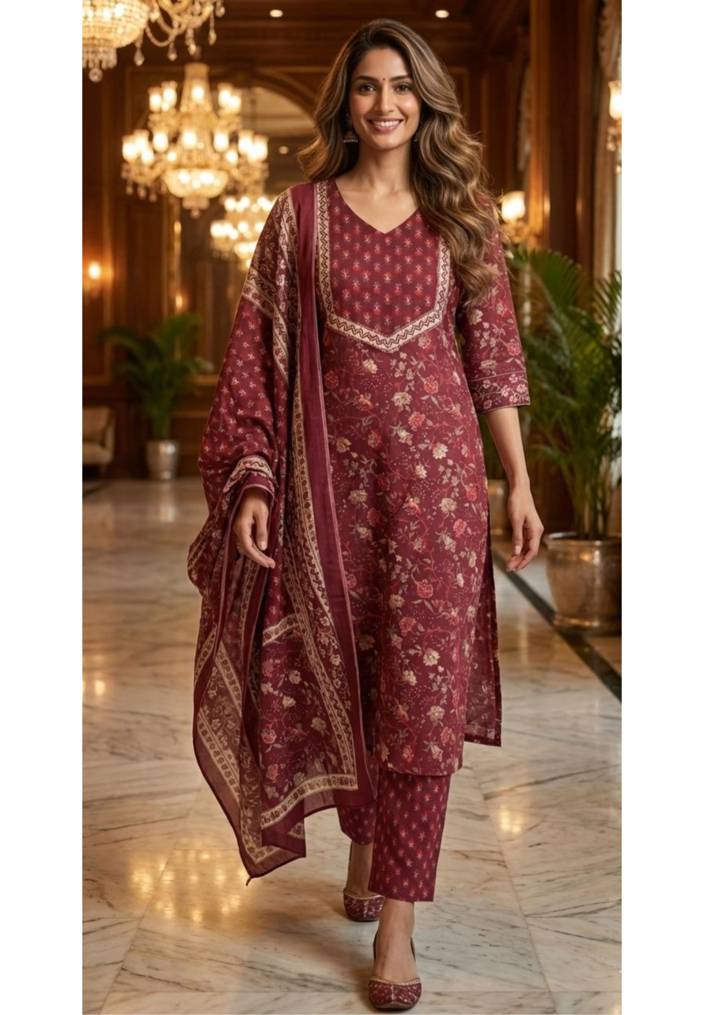 Wine Floral Printed Pure Cotton Kurta Set with Contrast Yoke Detailing & Matching Dupatta