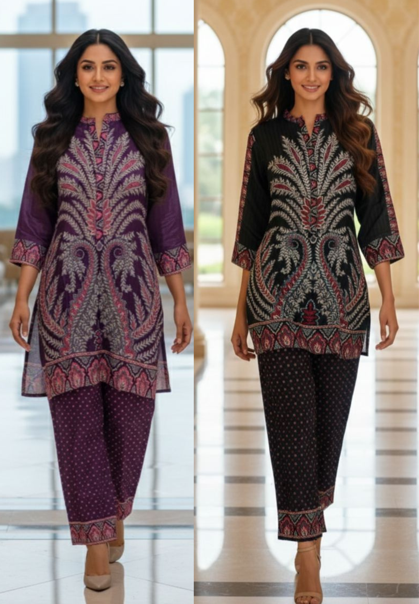 Multi Prints Folk Art Mandarin Collar Kurta Pant Set In Crepe Fabric- 12952