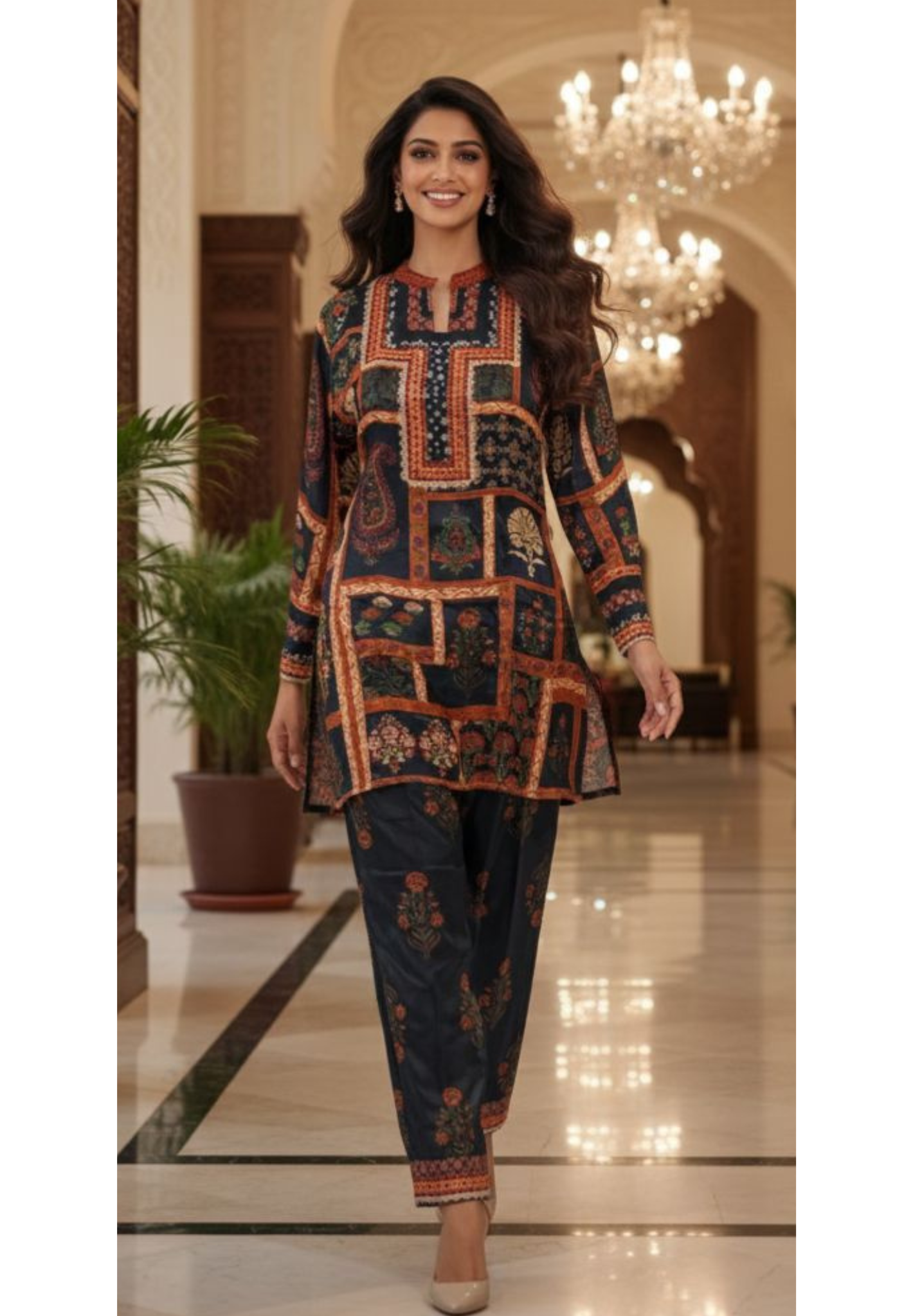 Floral Box Folk Print Mandarin Collar Kurta Pant Set In Crepe Fabric- 12952