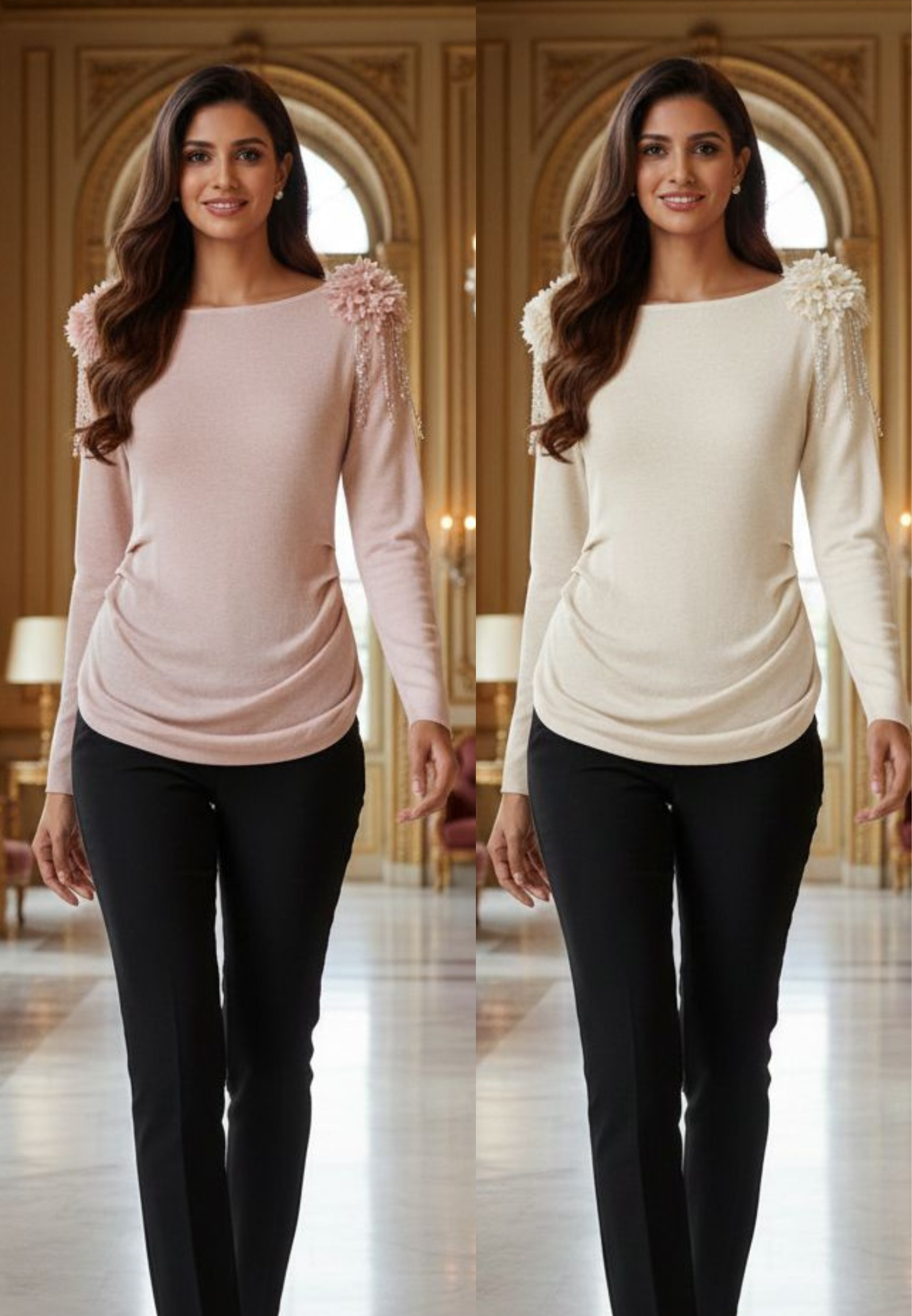 Floral Sequin Tassel Shoulder Side Plate Stretchable Top