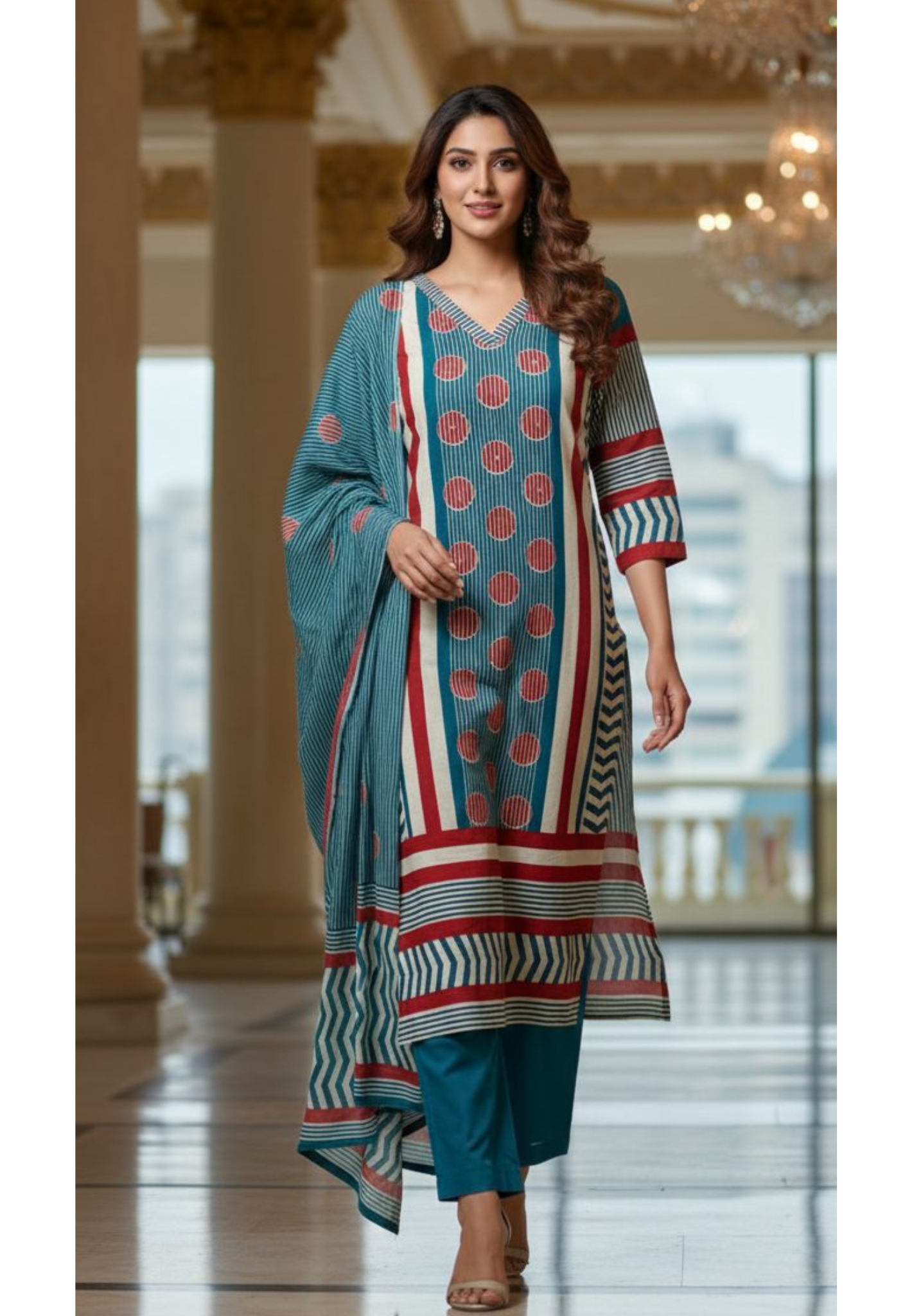 Teal Blue Cotton Printed Kurta Set With Straight Pants & Flowing Dupatta-12988