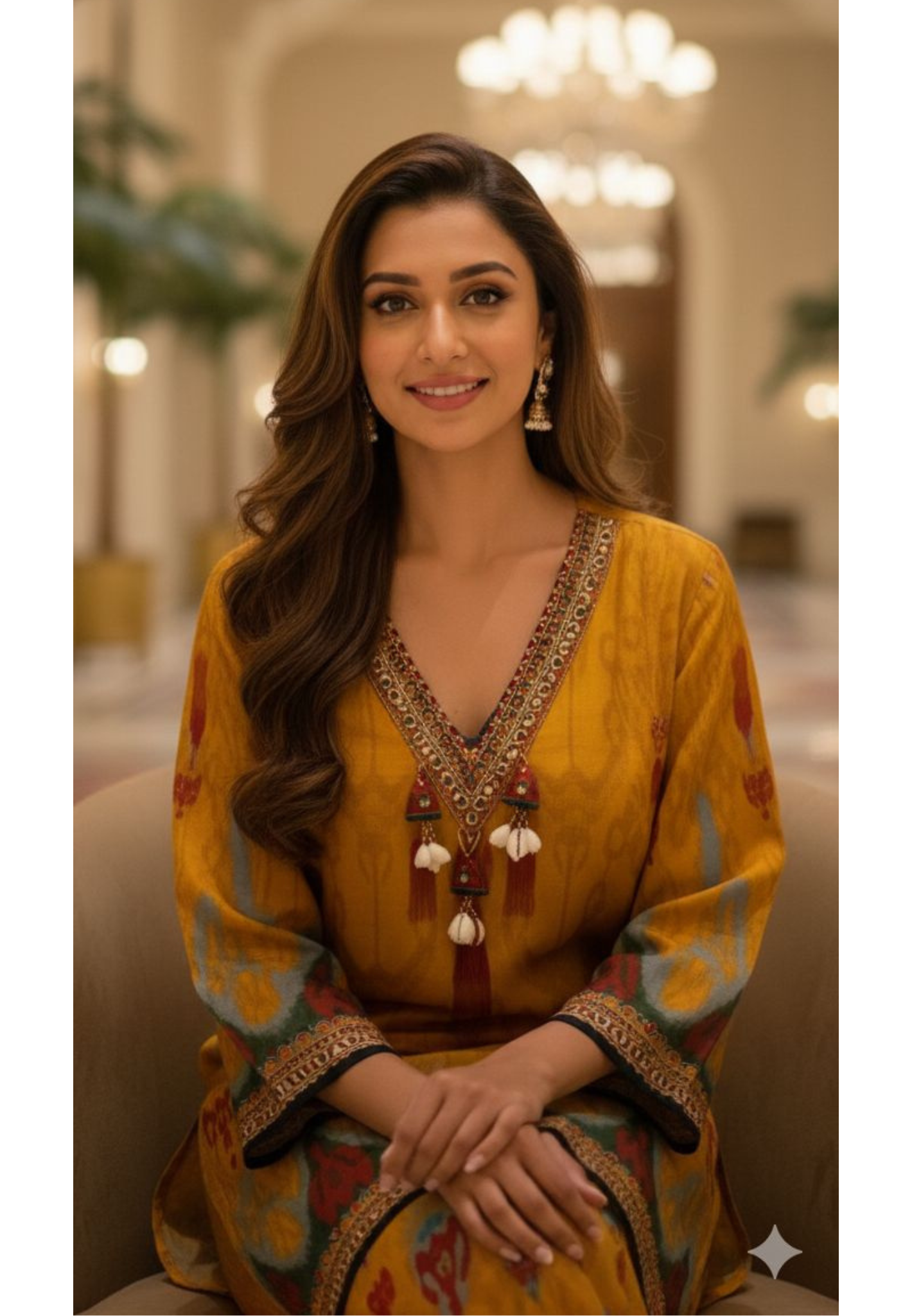 Folk Motif Mustard Ikat-Inspired Kurta Pant Set In Muslin Fabric- 12984