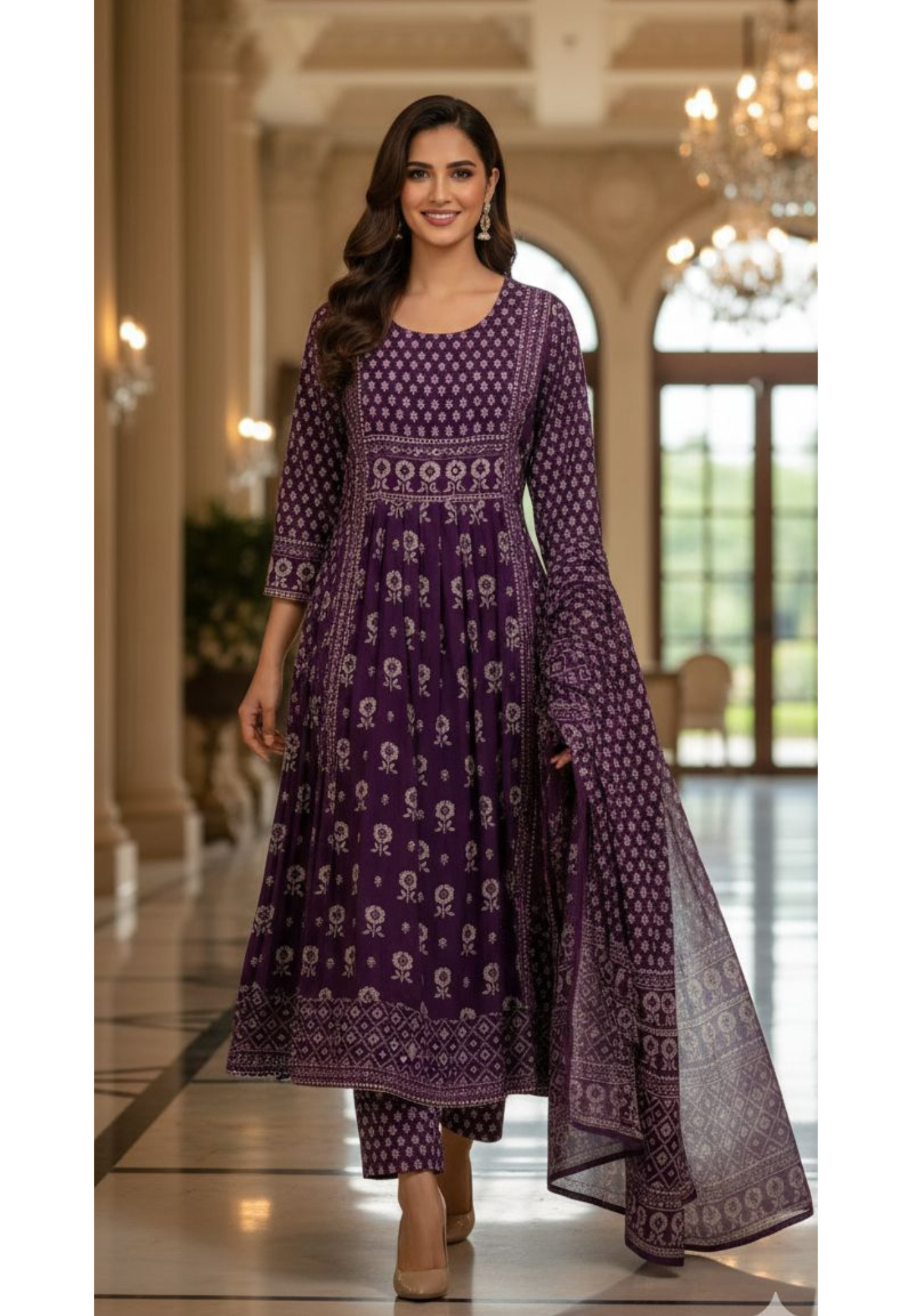 Mini Flower Print Foil Mirror Elegance Cotton A-Line Full Suit Set With Dupatta-13003