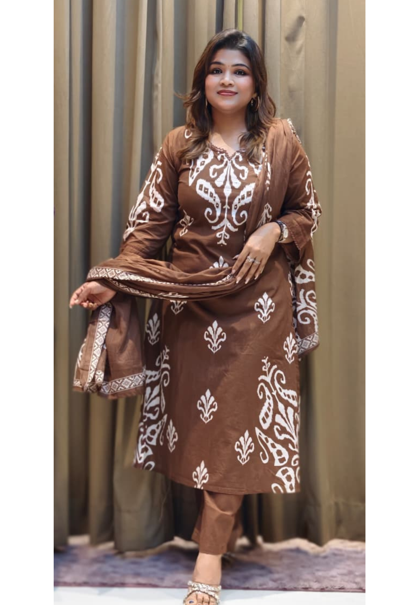 Graceful Ikkat Full Suit Set With Dupatta & Plain Matching Bottom In Cotton Fabric- 13013