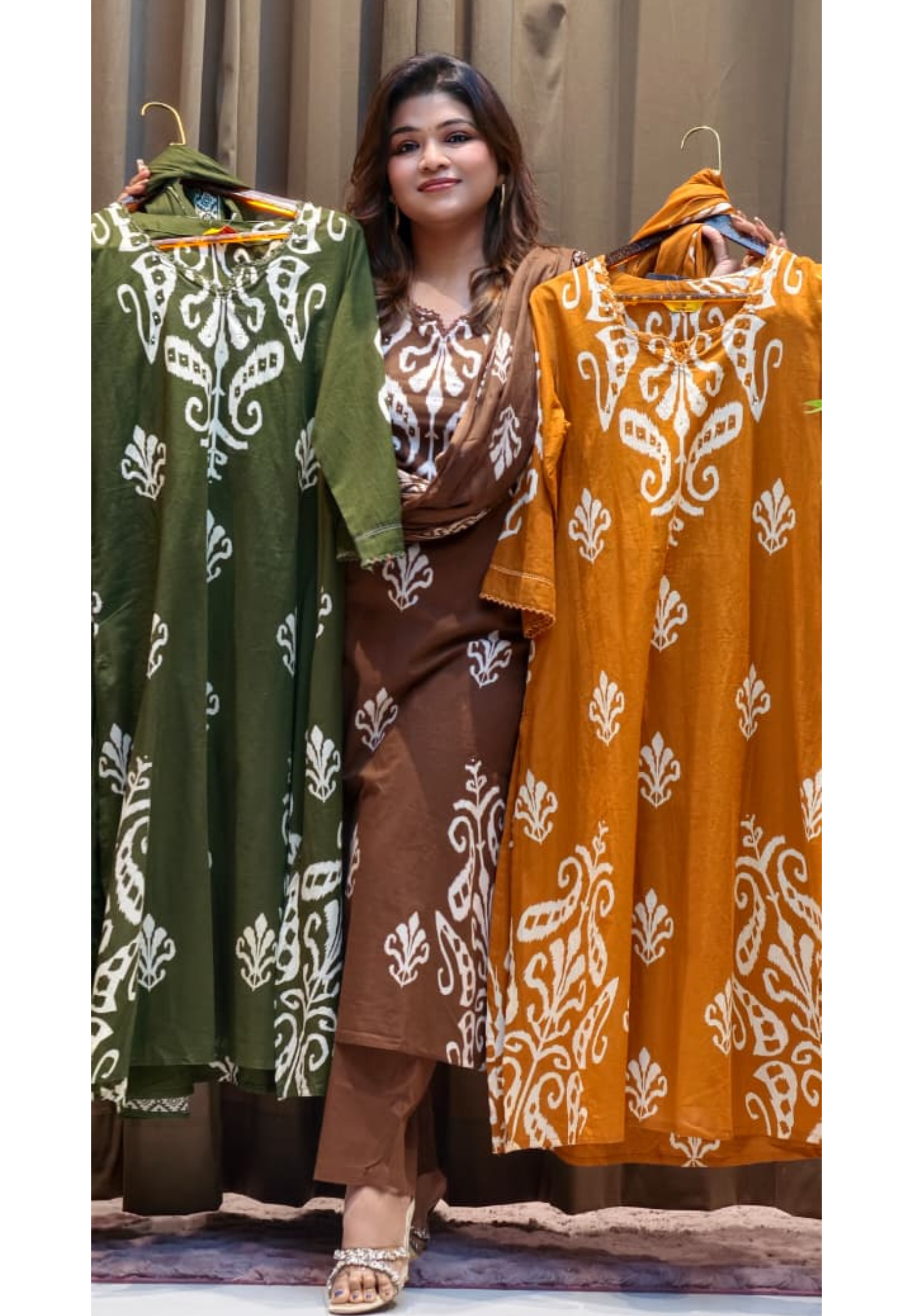 Graceful Ikkat Full Suit Set With Dupatta & Plain Matching Bottom In Cotton Fabric- 13013