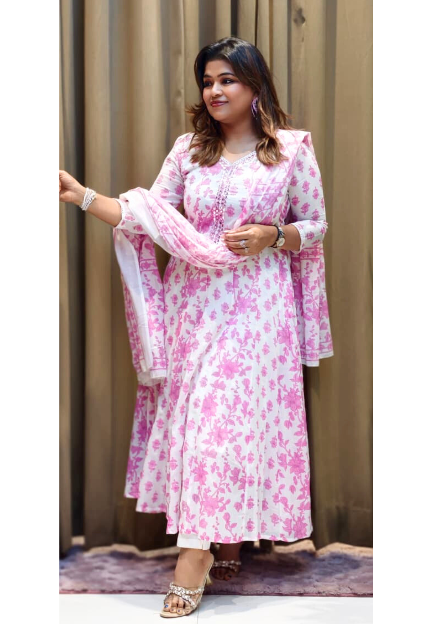 Foil Mirror Neck Line Floral Printed Panel Anarkali Full Suit Set With Dupatta In Mul Cotton Fabric- 12813