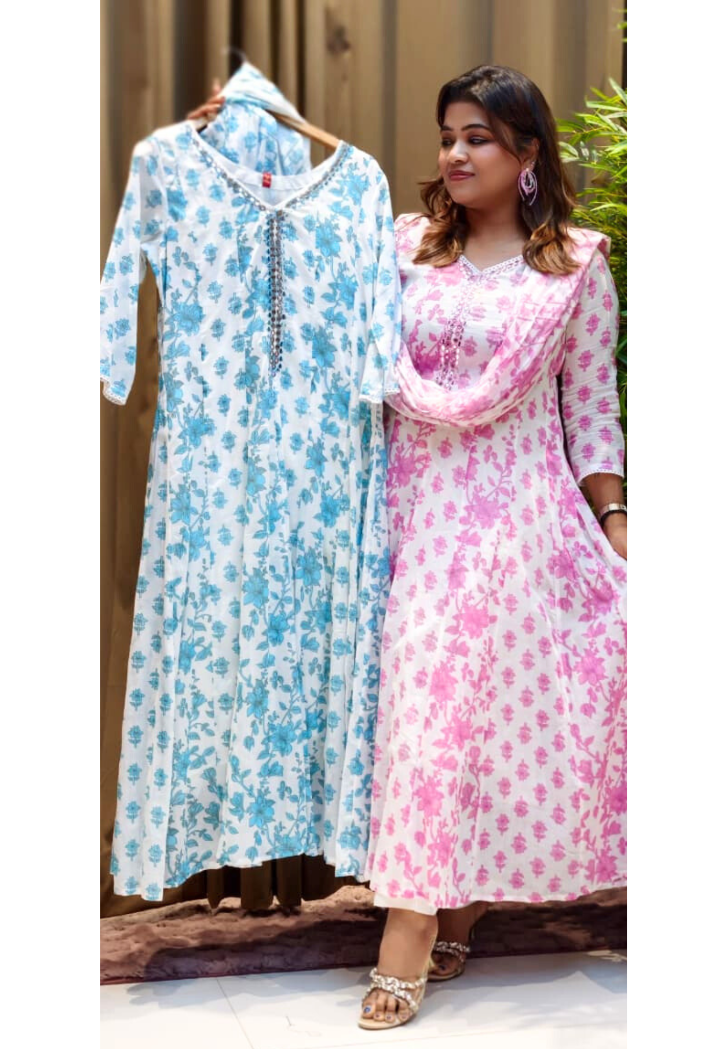 Foil Mirror Neck Line Floral Printed Panel Anarkali Full Suit Set With Dupatta In Mul Cotton Fabric- 12813