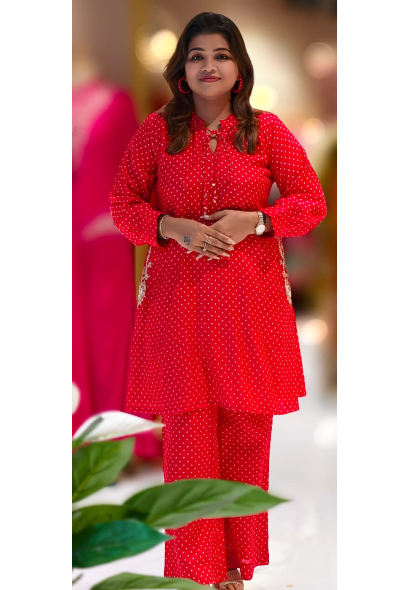 Ruby Dot Chic A-Line Kurta With Matching Bottom & Pockets In Muslin Fabric- 12994