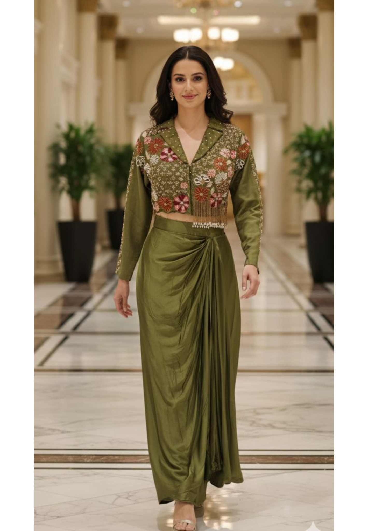 Designer Embroidered Tassled Crop Top With Crepe Drape Skirt DRYWASH (Dispatching After 45 Days On Orders)