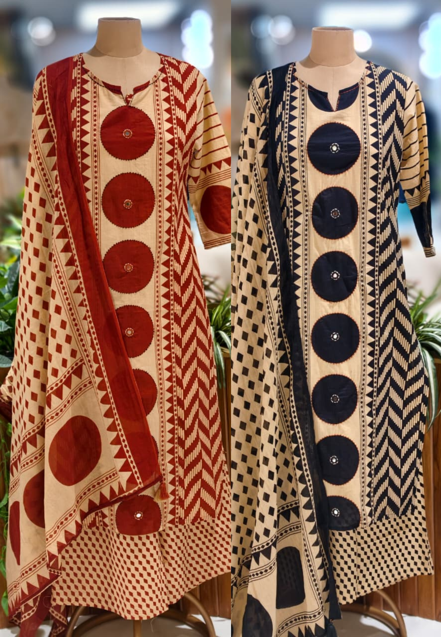 Asymmetric Print Dual Color Cotton Full Suit Set With Dupatta-13042