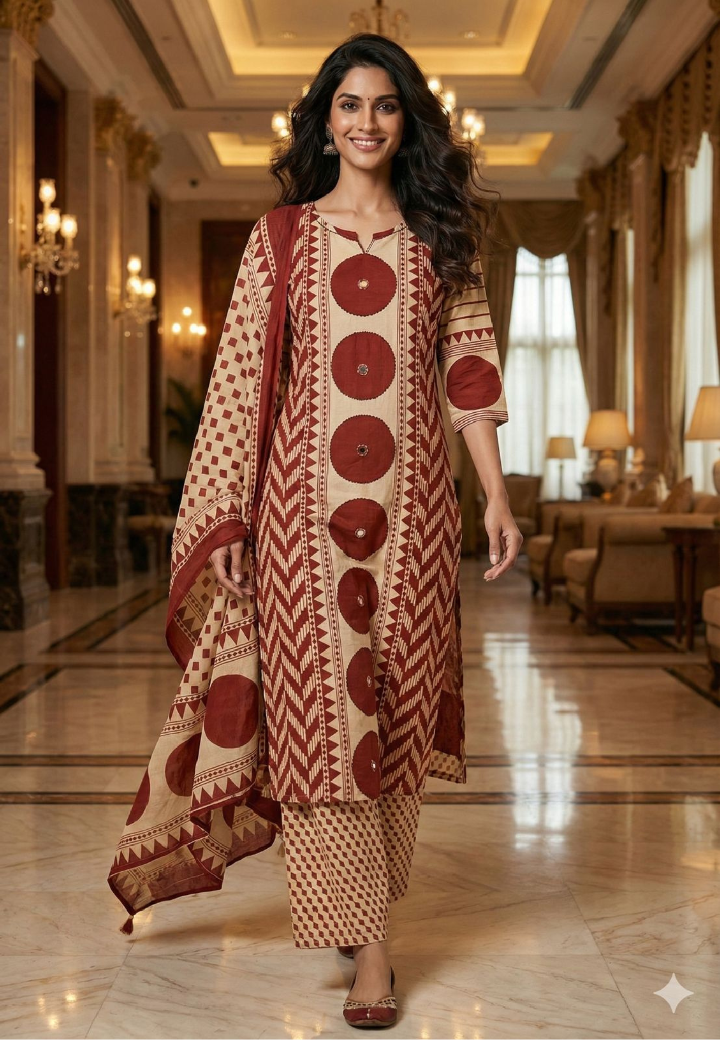 Asymmetric Print Dual Color Cotton Full Suit Set With Dupatta-13042