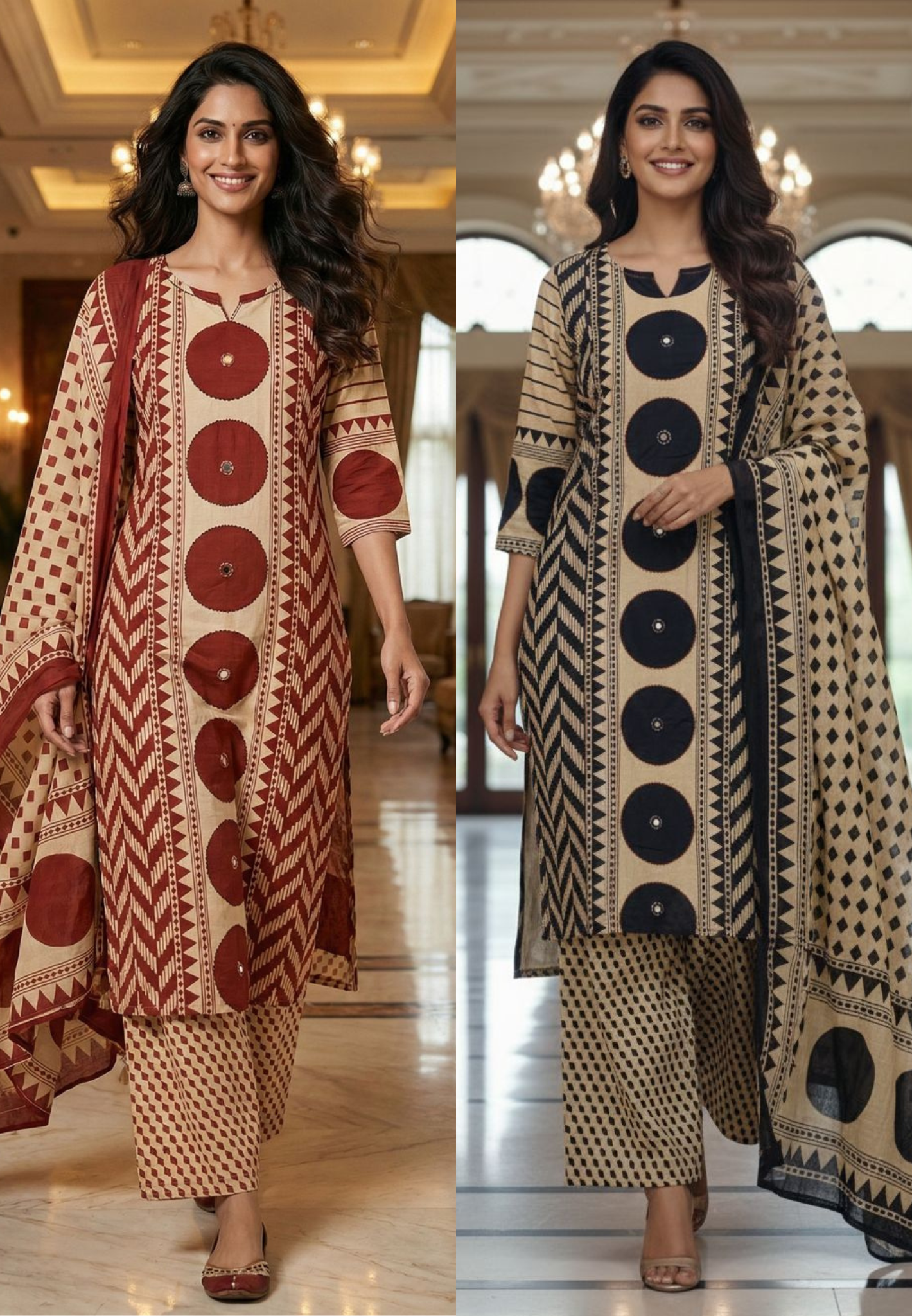 Asymmetric Print Dual Color Cotton Full Suit Set With Dupatta-13042