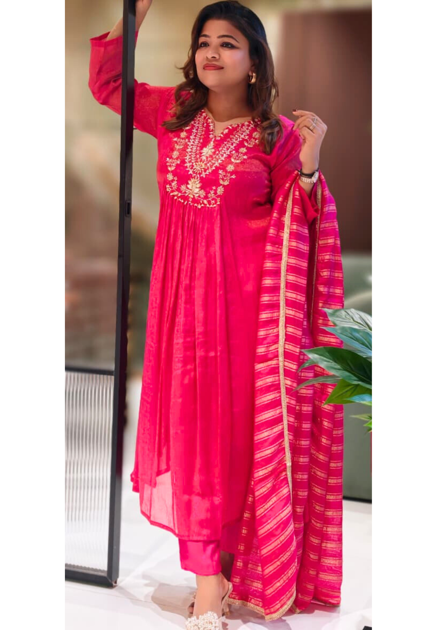 Vibrant Gulabi Blush Crush Look A-Line Full Suit Set With Dupatta In Tissue Fabric-12996