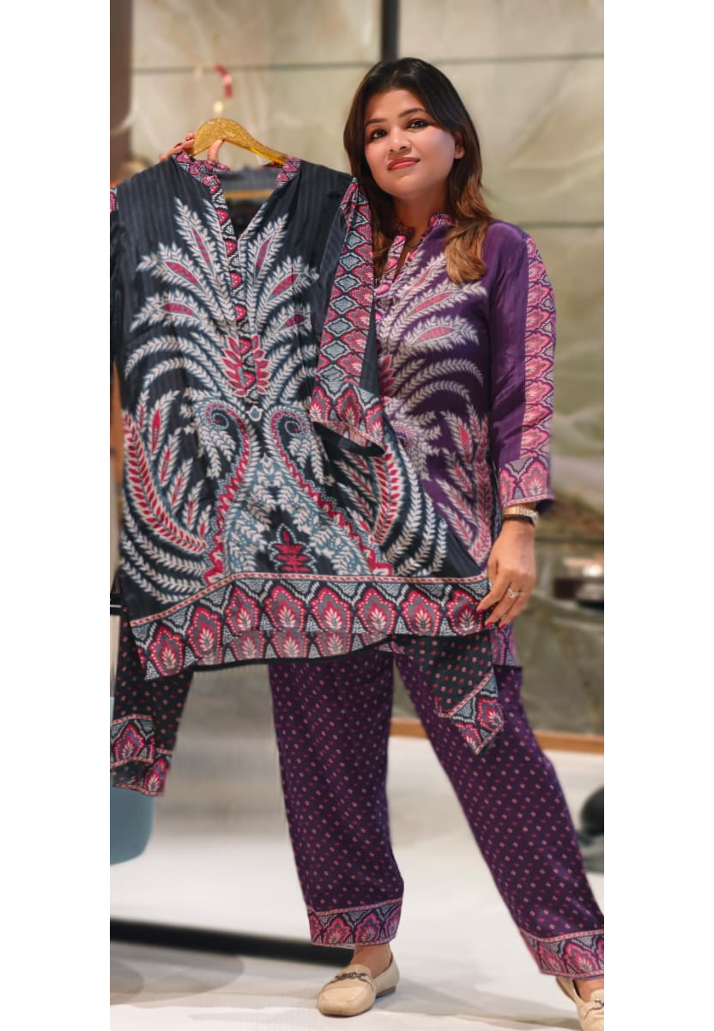 Multi Prints Folk Art Mandarin Collar Kurta Pant Set In Crepe Fabric- 12952